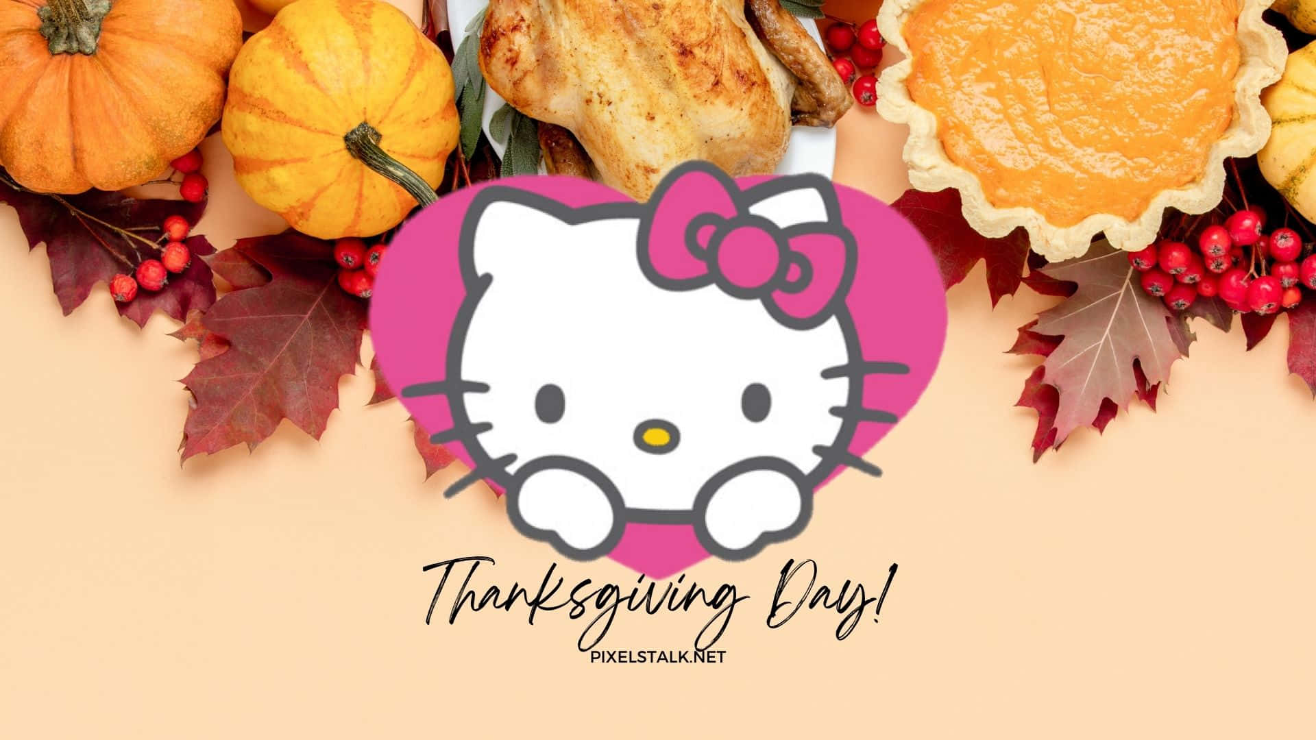 Hello Kitty, Thanksgiving, pink heart, Full HD Desktop Wallpaper