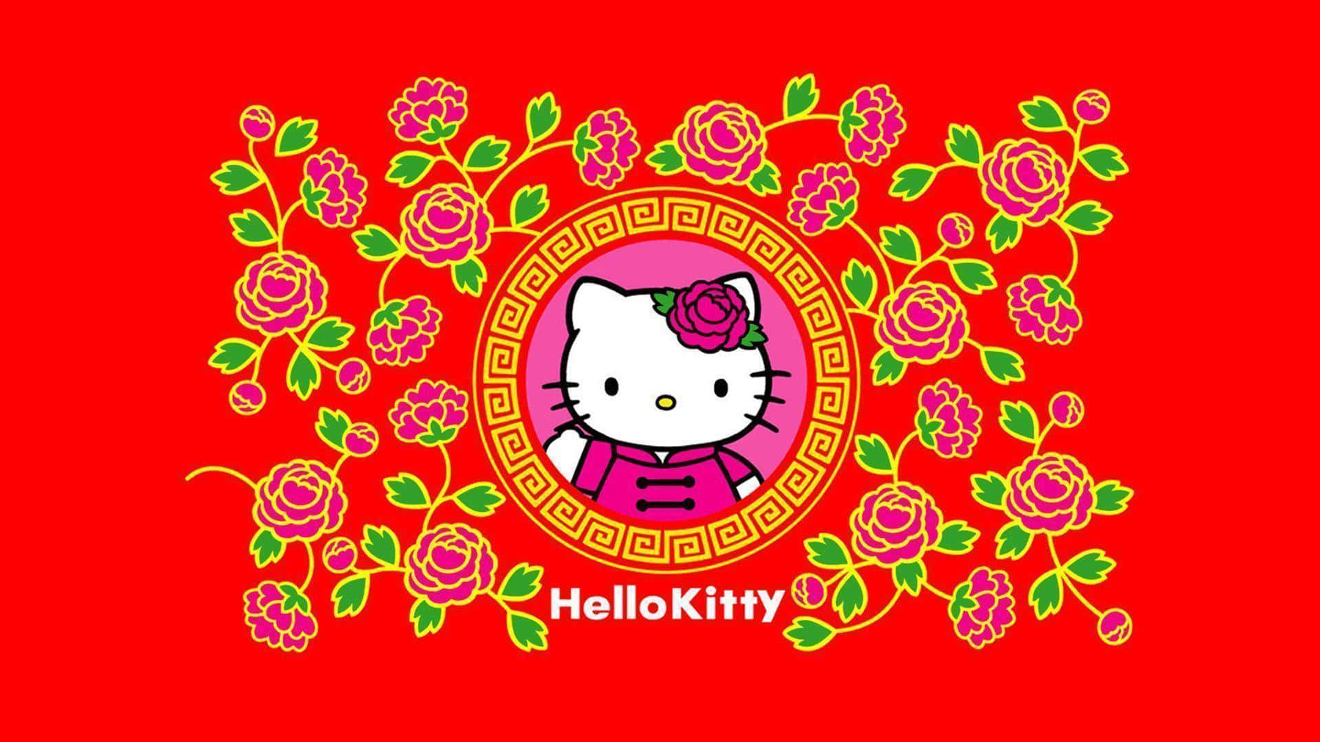 Hello Kitty, pink traditional outfit, floral vines, Full HD Desktop Wallpaper