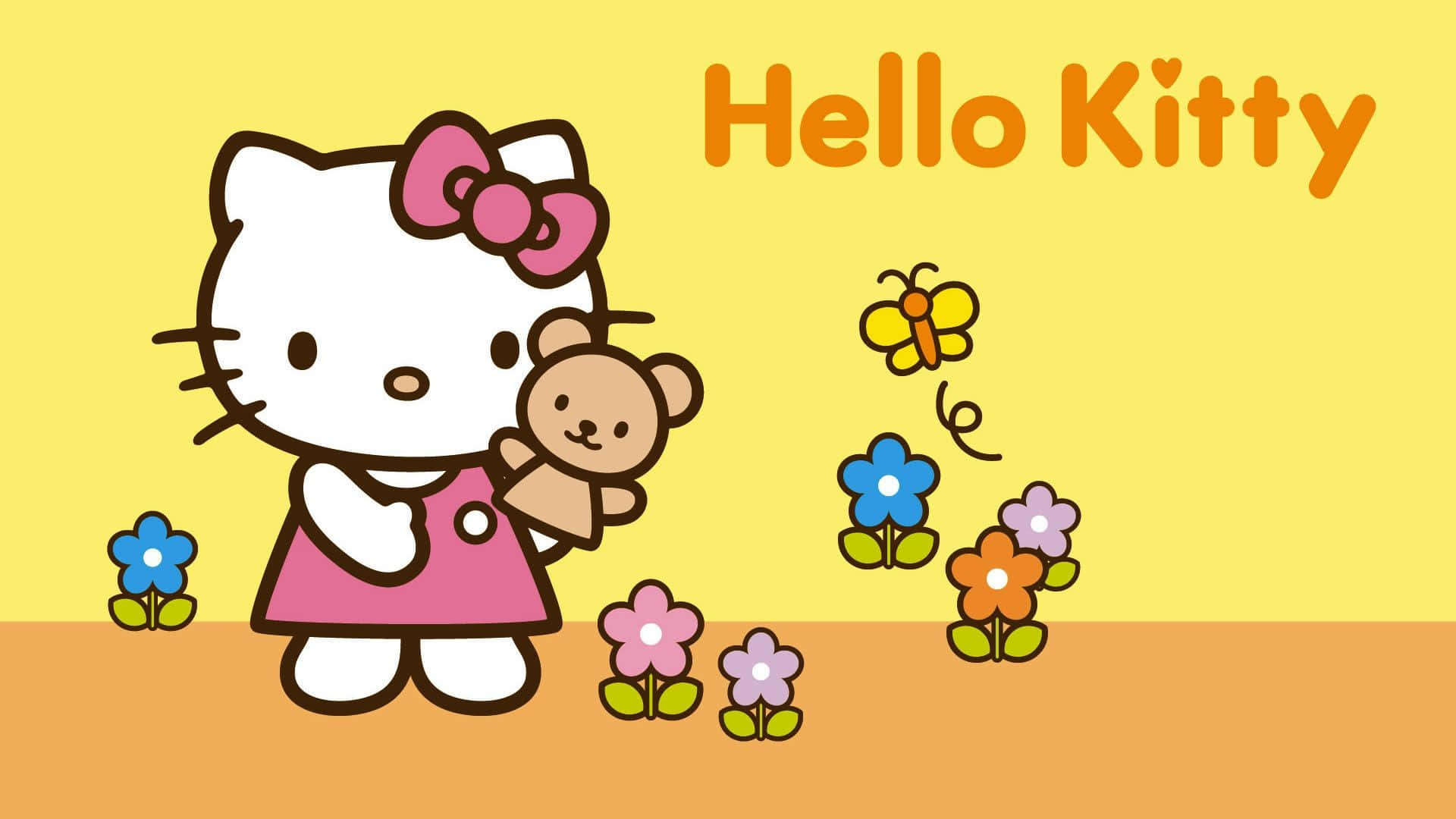 Hello Kitty, pink dress, teddy bear, Full HD Desktop Wallpaper