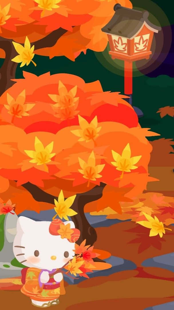 Hello Kitty, autumn kimono, fiery maple tree, SD Phone Wallpaper