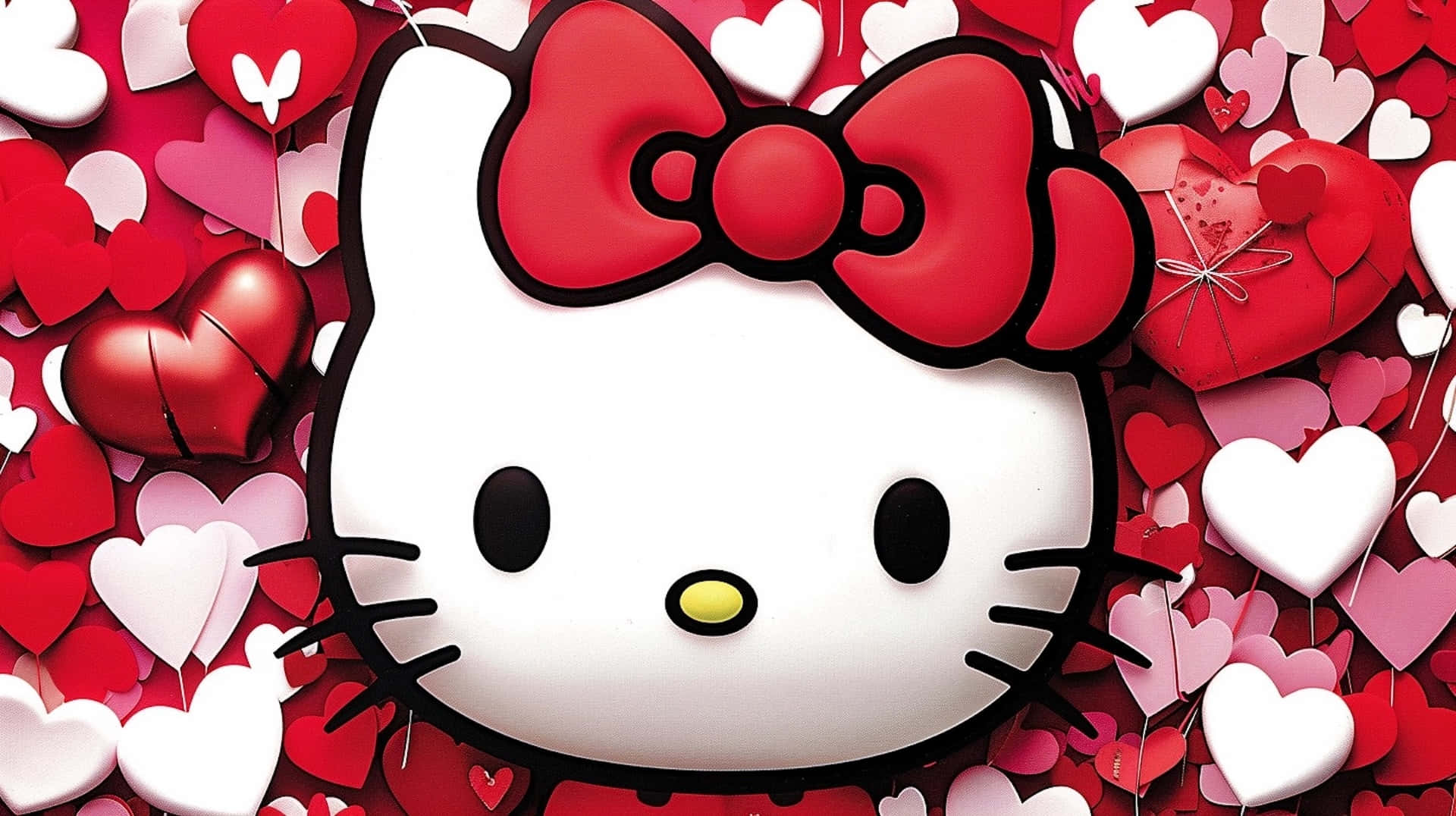 Hello Kitty, red bow, red and white hearts, Full HD Desktop Wallpaper
