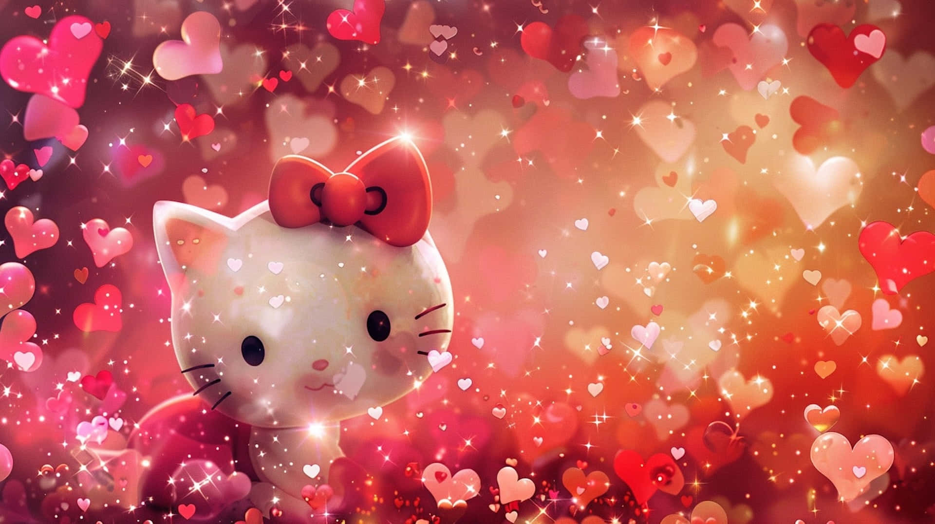 Hello Kitty, red bow, glowing hearts, Full HD Desktop Wallpaper