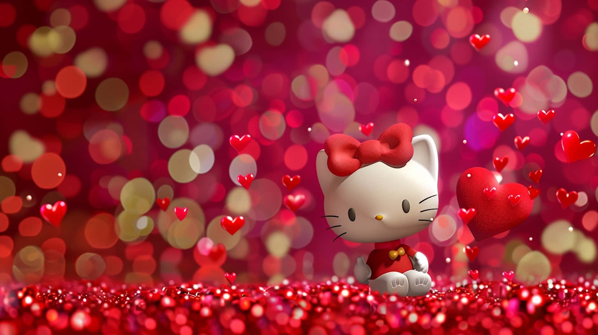 Hello Kitty, Valentine's Day, glittering red hearts, Full HD Desktop Wallpaper