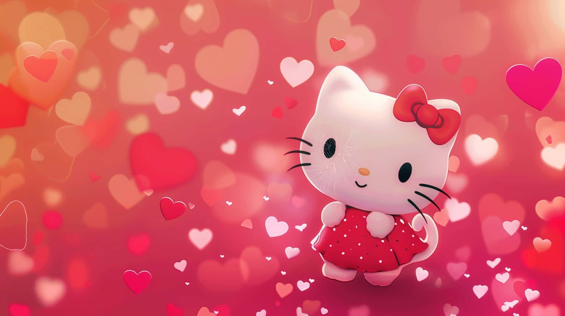 Hello Kitty, red polka dot dress, floating hearts, Full HD Desktop Wallpaper