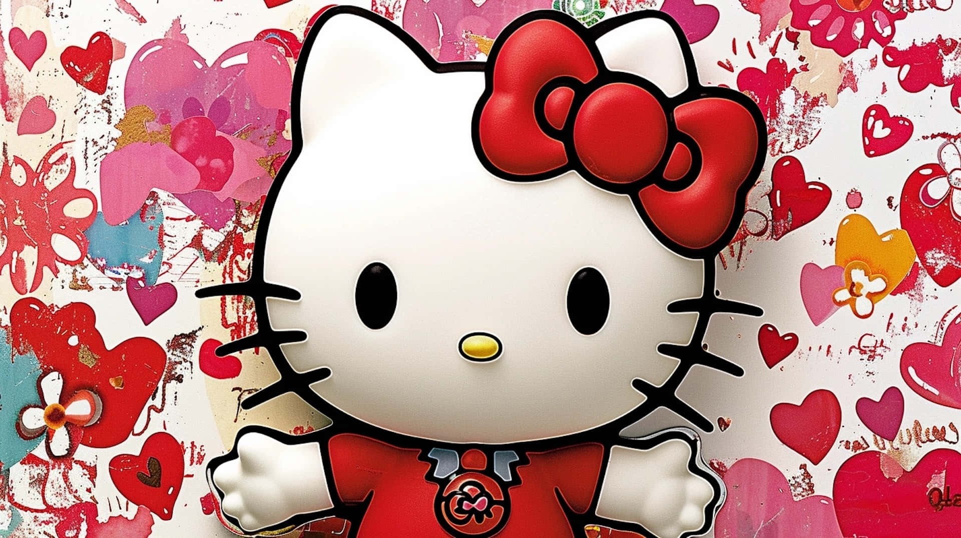 Hello Kitty, red outfit, vibrant graffiti-style background, Full HD Desktop Wallpaper