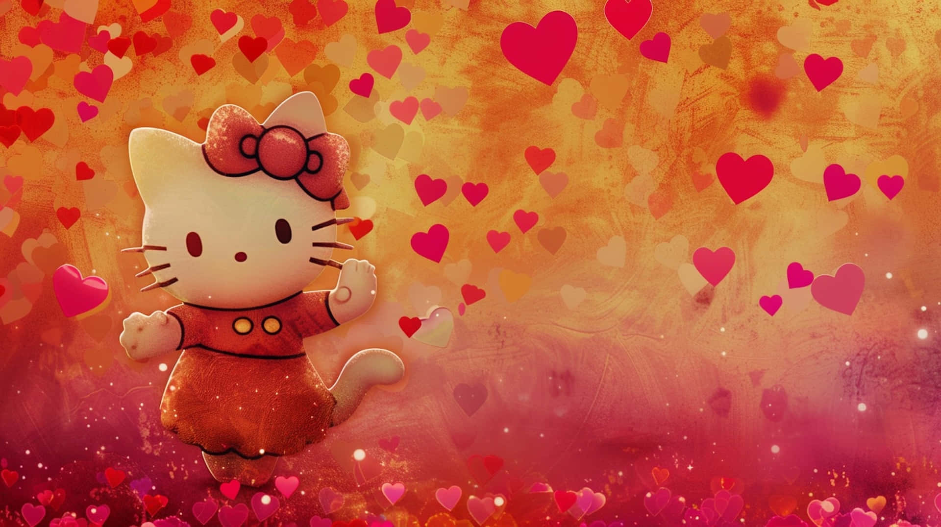 Hello Kitty, red dress, floating hearts, Full HD Desktop Wallpaper