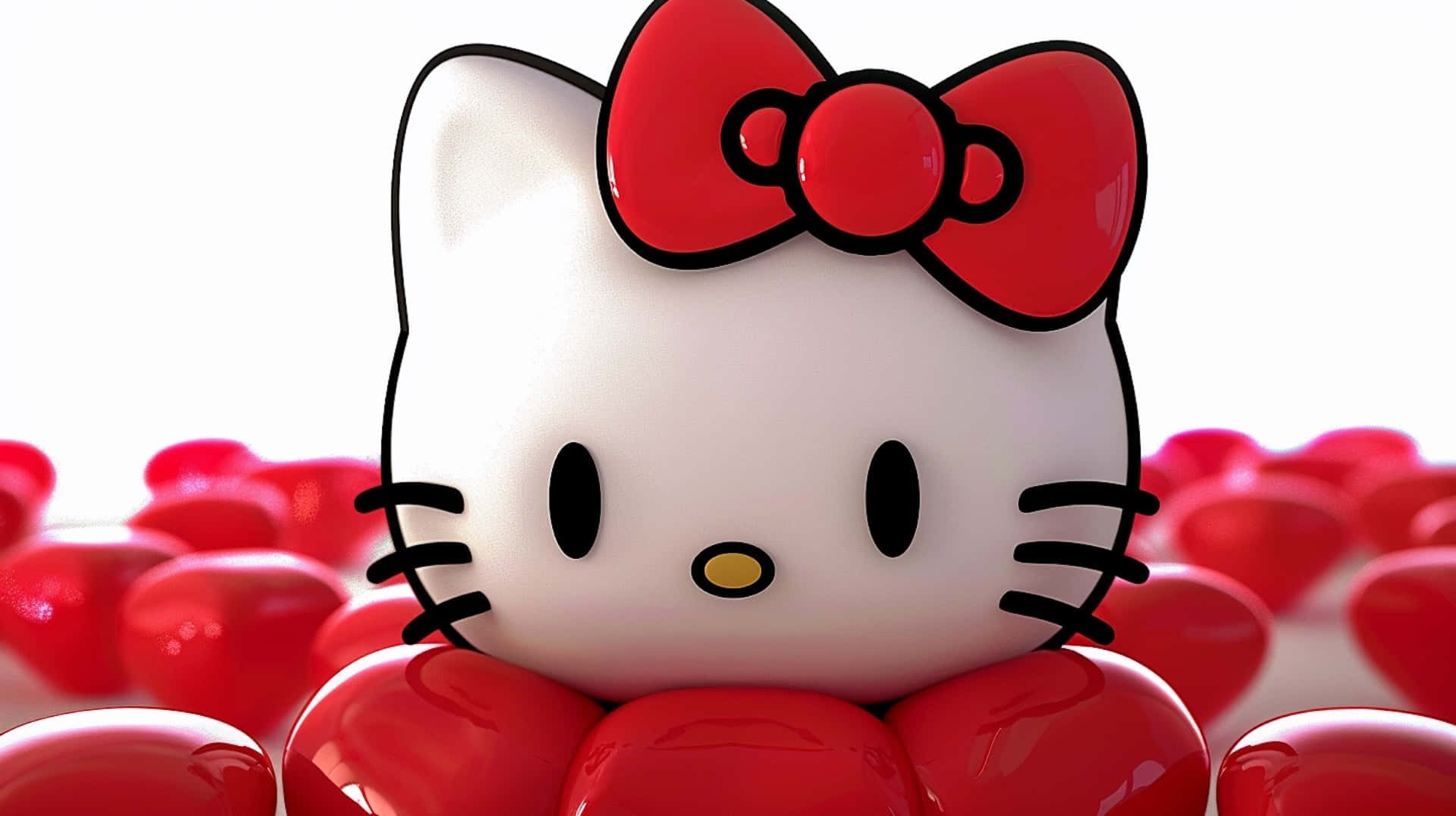 Hello Kitty, red bow, glossy red hearts, Full HD Desktop Wallpaper