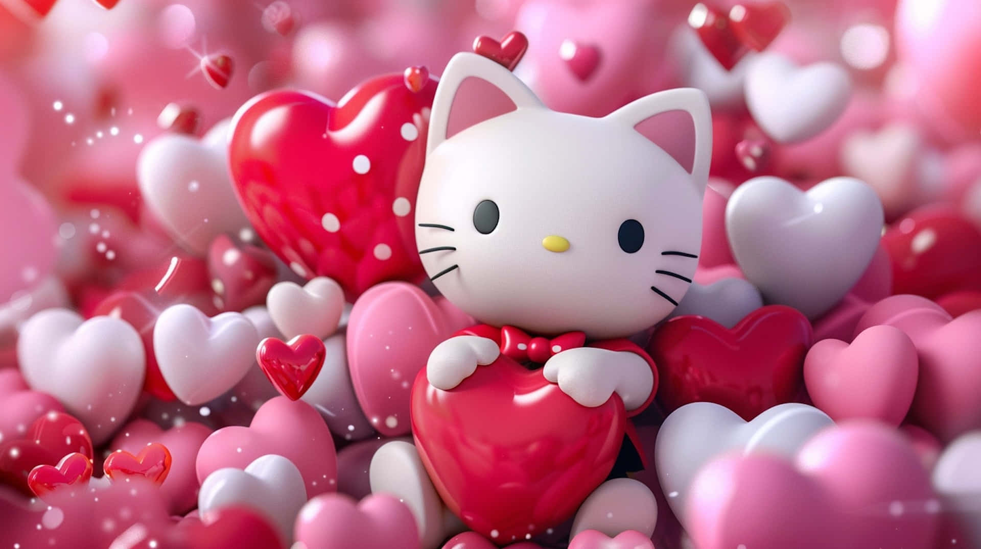 Hello Kitty, red heart, glossy pink, Full HD Desktop Wallpaper
