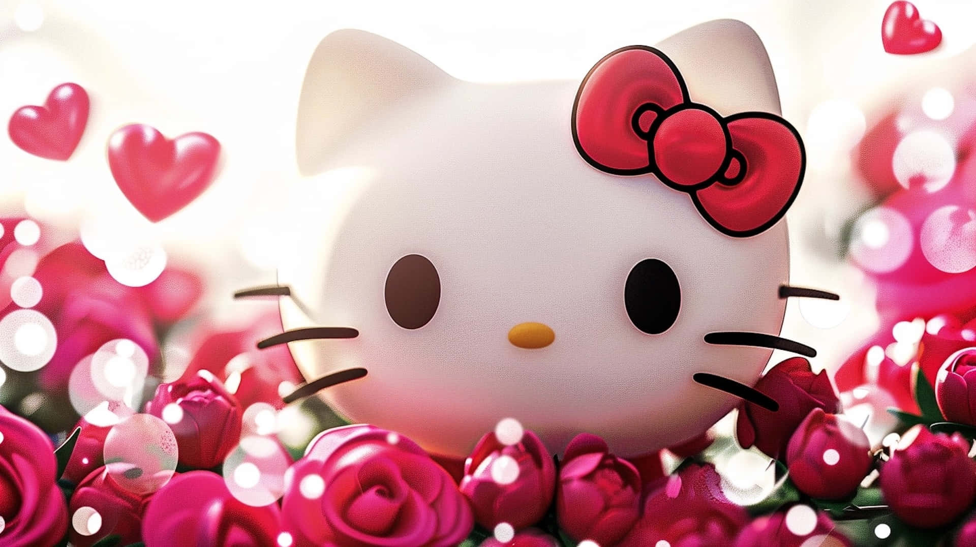 Hello Kitty, red bow, pink roses, Full HD Desktop Wallpaper