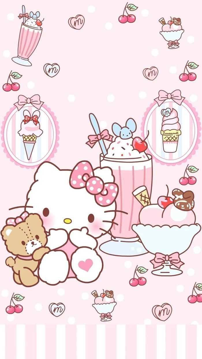Hello Kitty, teddy bear, pink milkshake, SD Phone Wallpaper