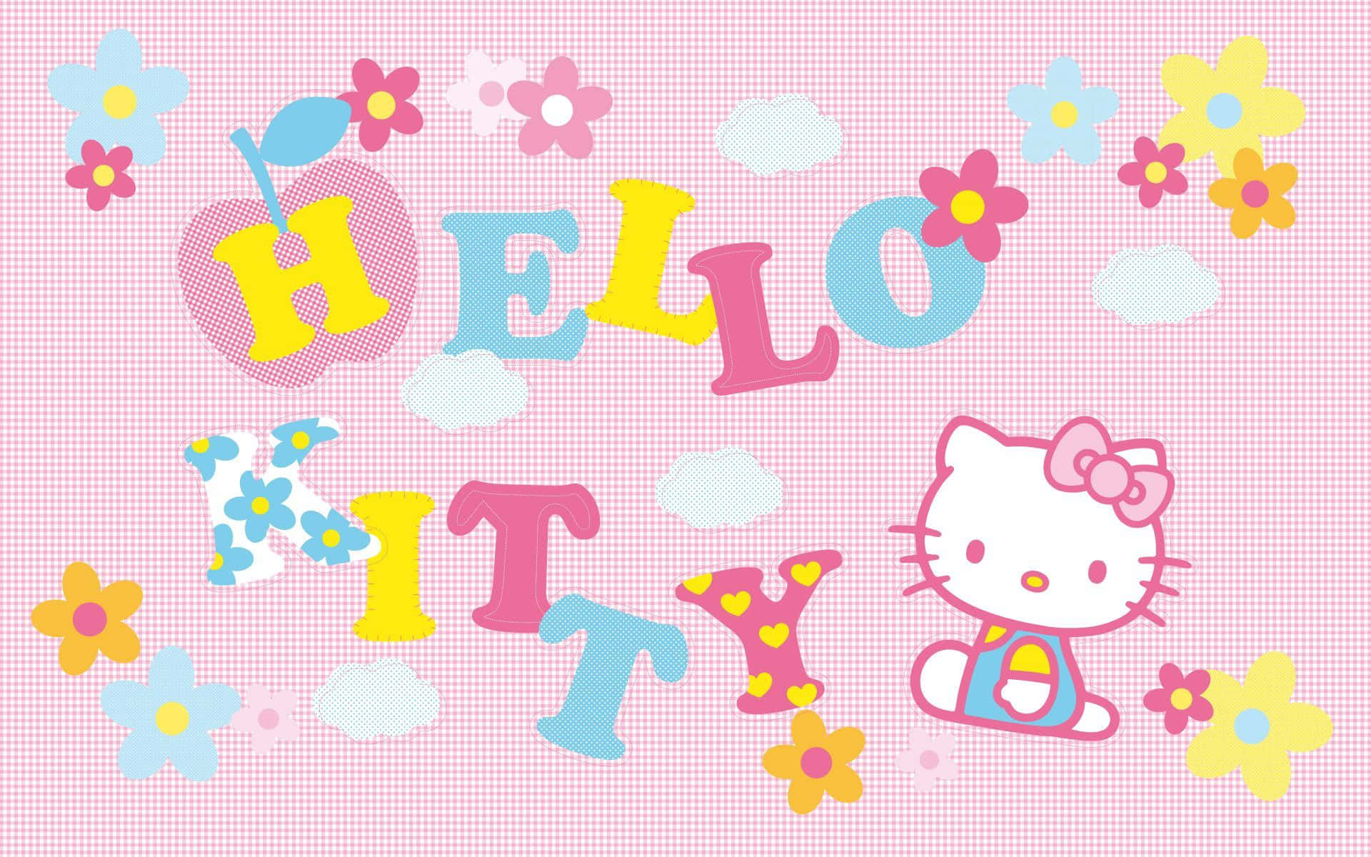 Hello Kitty, pink gingham background, colorful flowers, Full HD Desktop Wallpaper