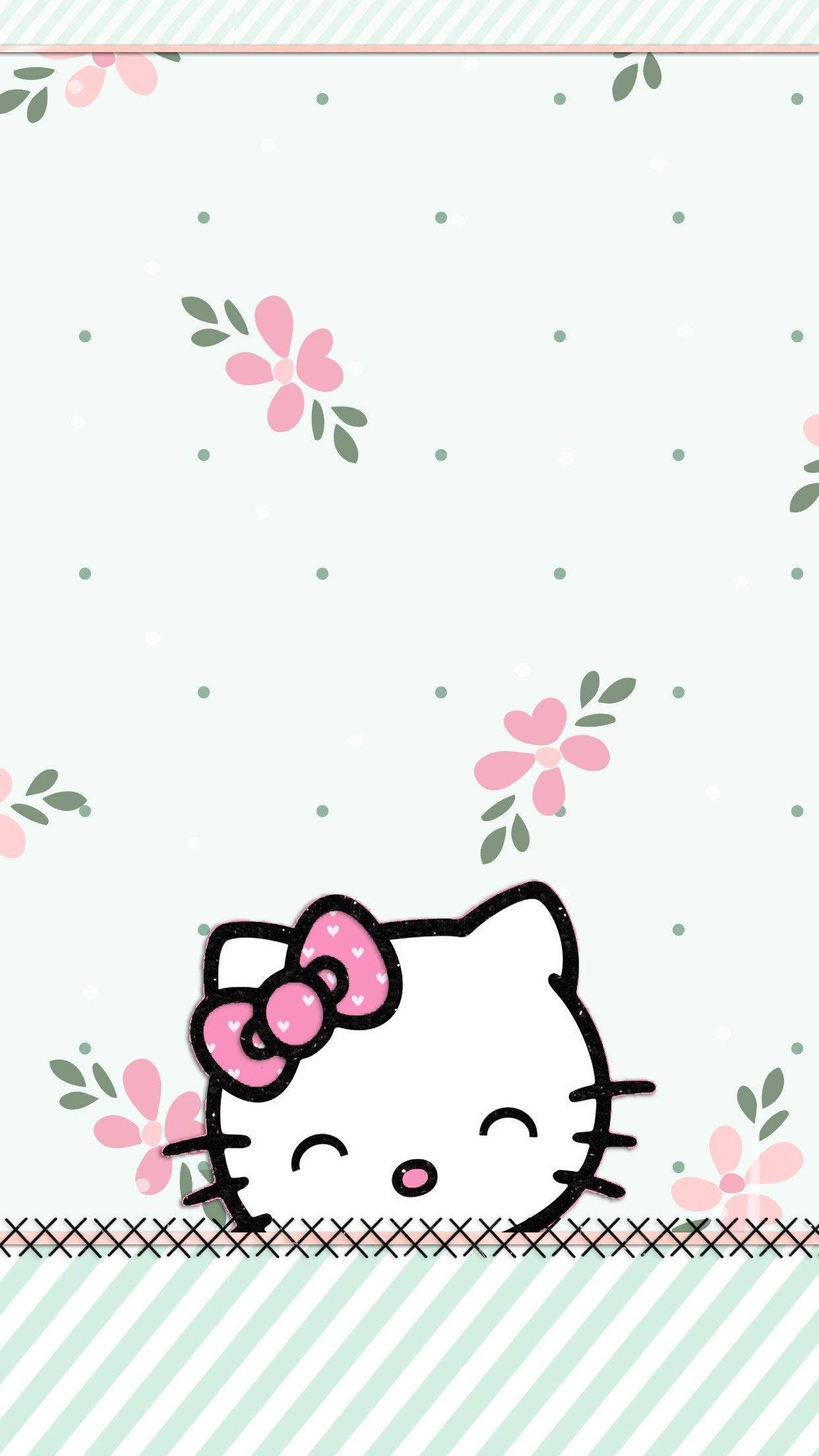Hello Kitty, pink flowers, green dots, Full HD Phone Wallpaper