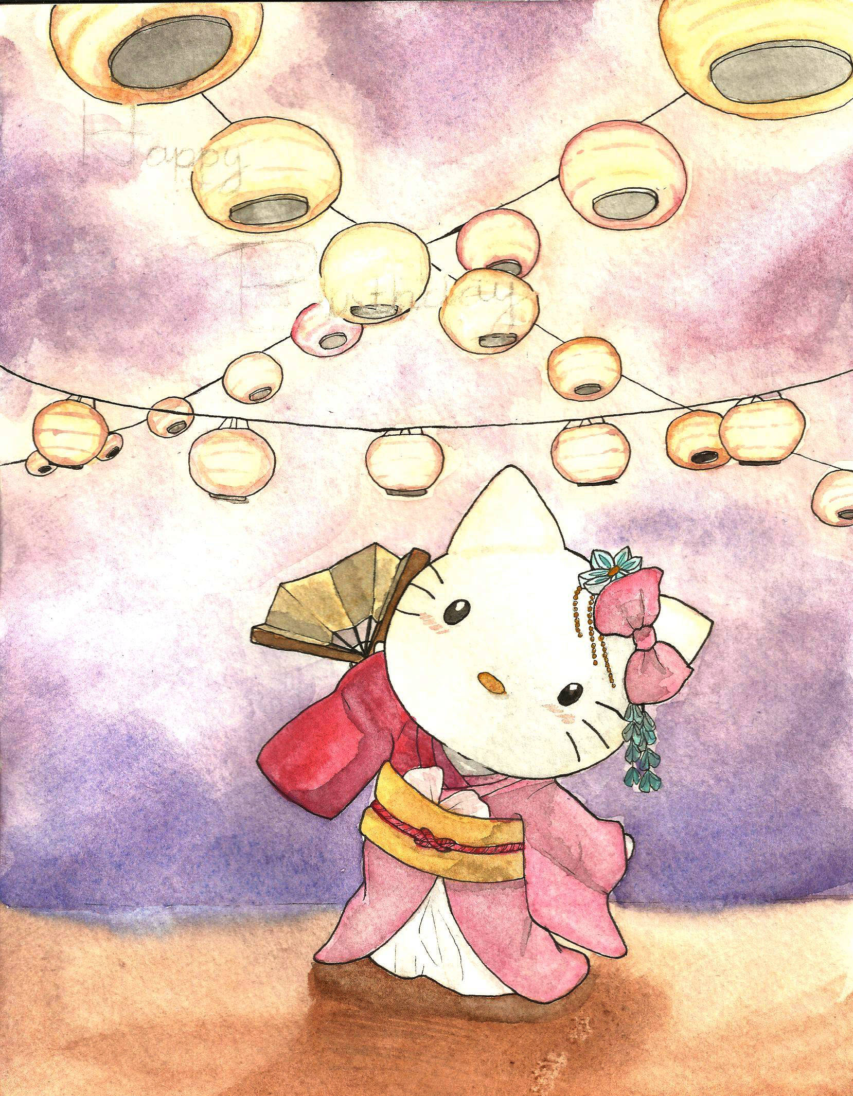Hello Kitty, pink kimono, fan, Full HD Phone Wallpaper