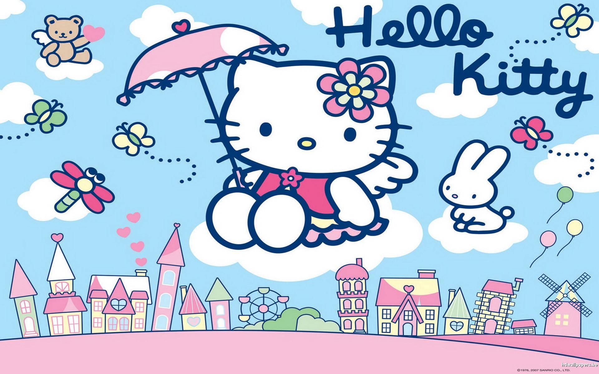 Hello Kitty, blue, pink umbrella, Full HD Desktop Wallpaper
