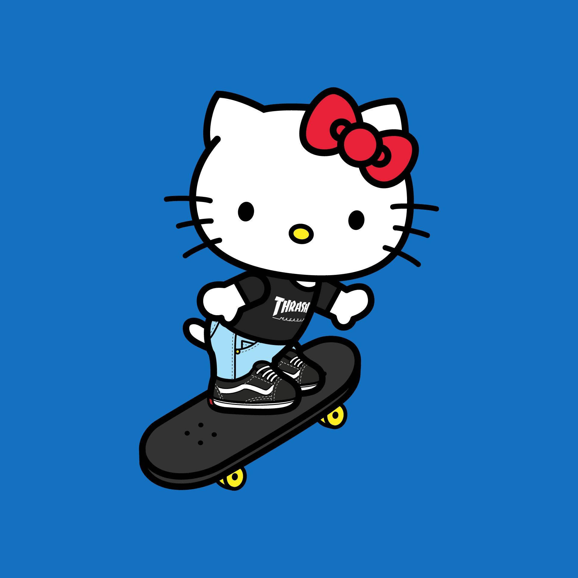 Hello Kitty, skateboard, black tshirt, Full HD Desktop Wallpaper
