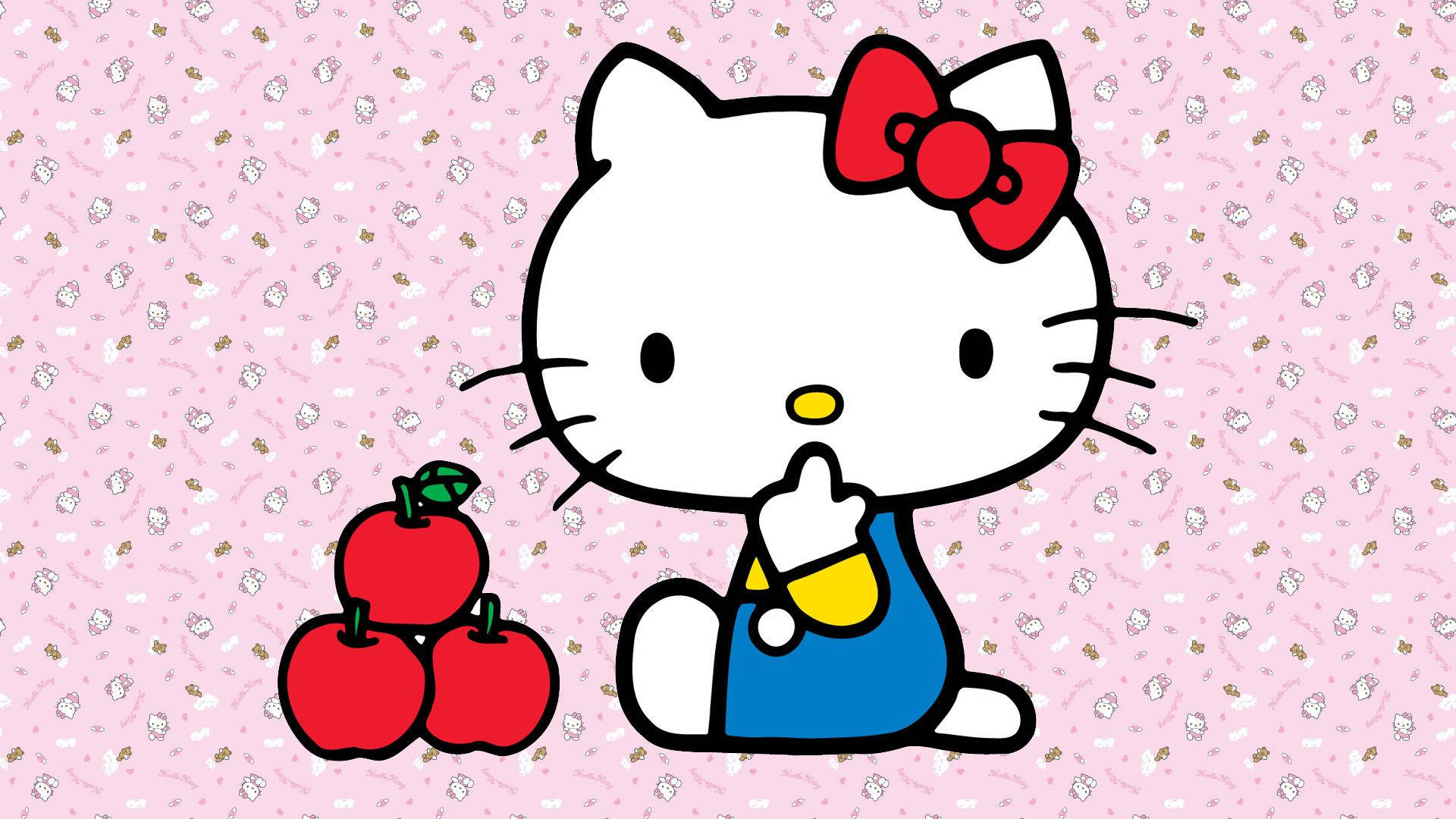 Hello Kitty, blue overalls, red apples, Full HD Desktop Wallpaper