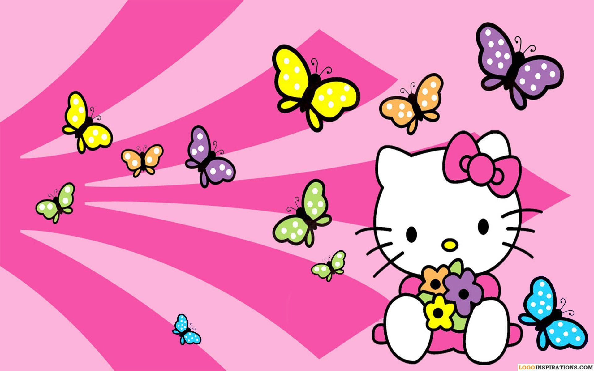 Hello Kitty, butterfly, colorful flowers, Full HD Desktop Wallpaper