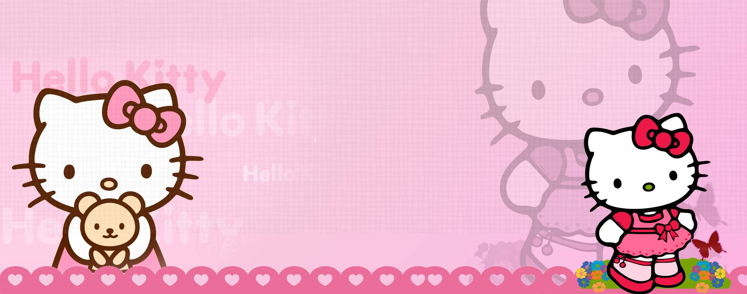 Hello Kitty, teddy bear, pink heart-bordered, 2K Desktop Wallpaper