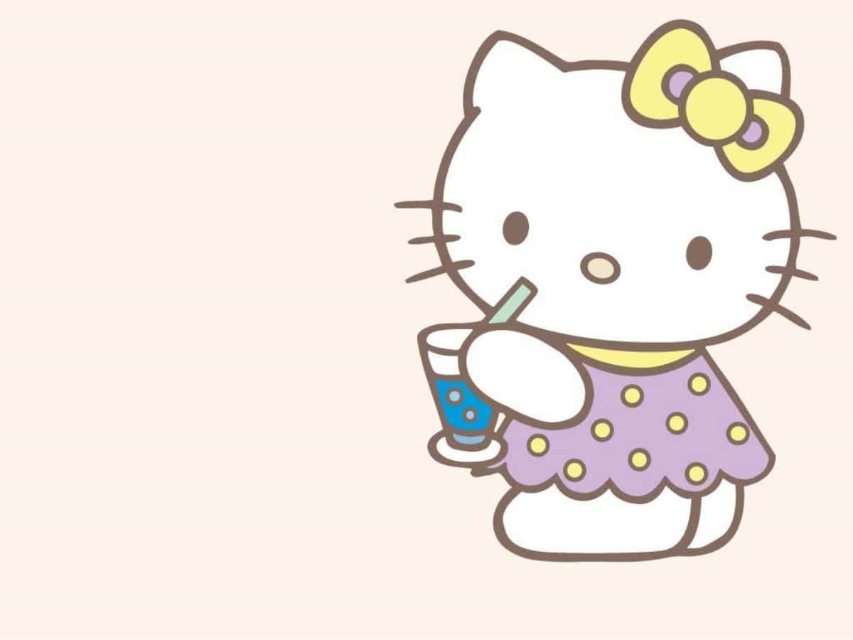 Hello Kitty, purple polka dot dress, blue drink, SD Desktop Wallpaper