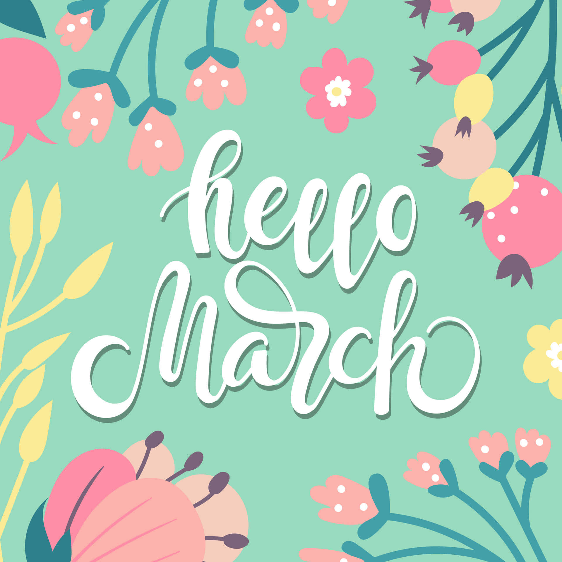 Hello March, white script, pastel pink, Full HD Desktop Wallpaper