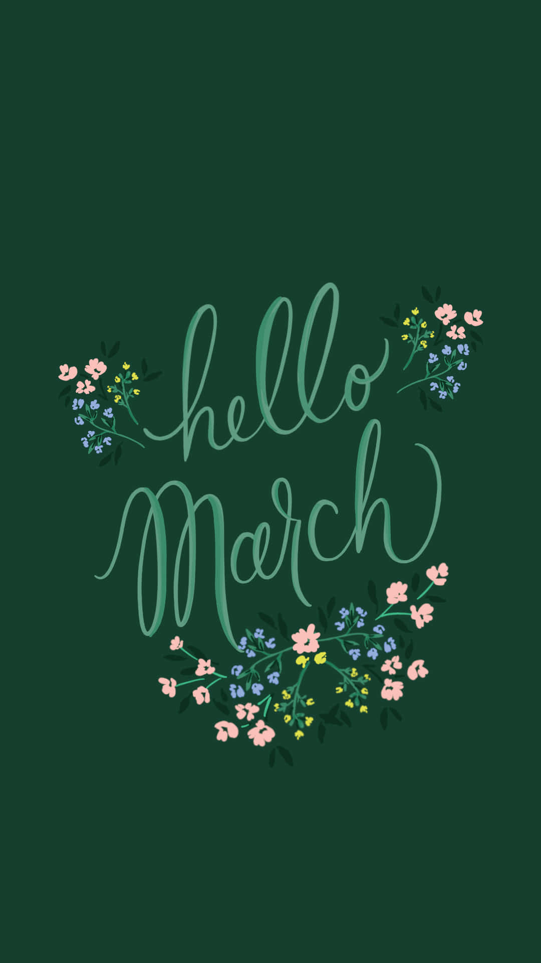 Hello March, green cursive font, pink blue and yellow spring flowers, Full HD Phone Wallpaper