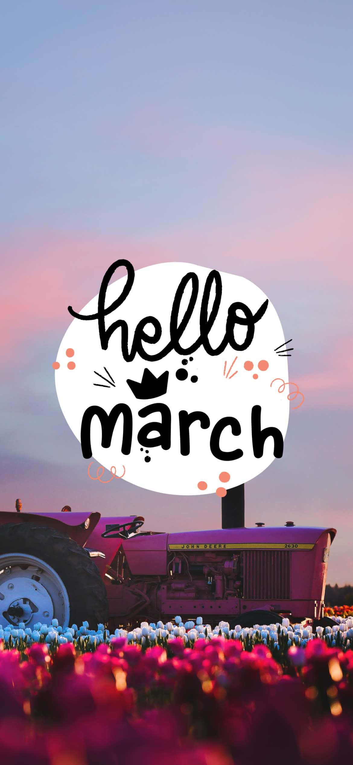 Hello March, red tractor, field of flowers, Full HD Phone Wallpaper