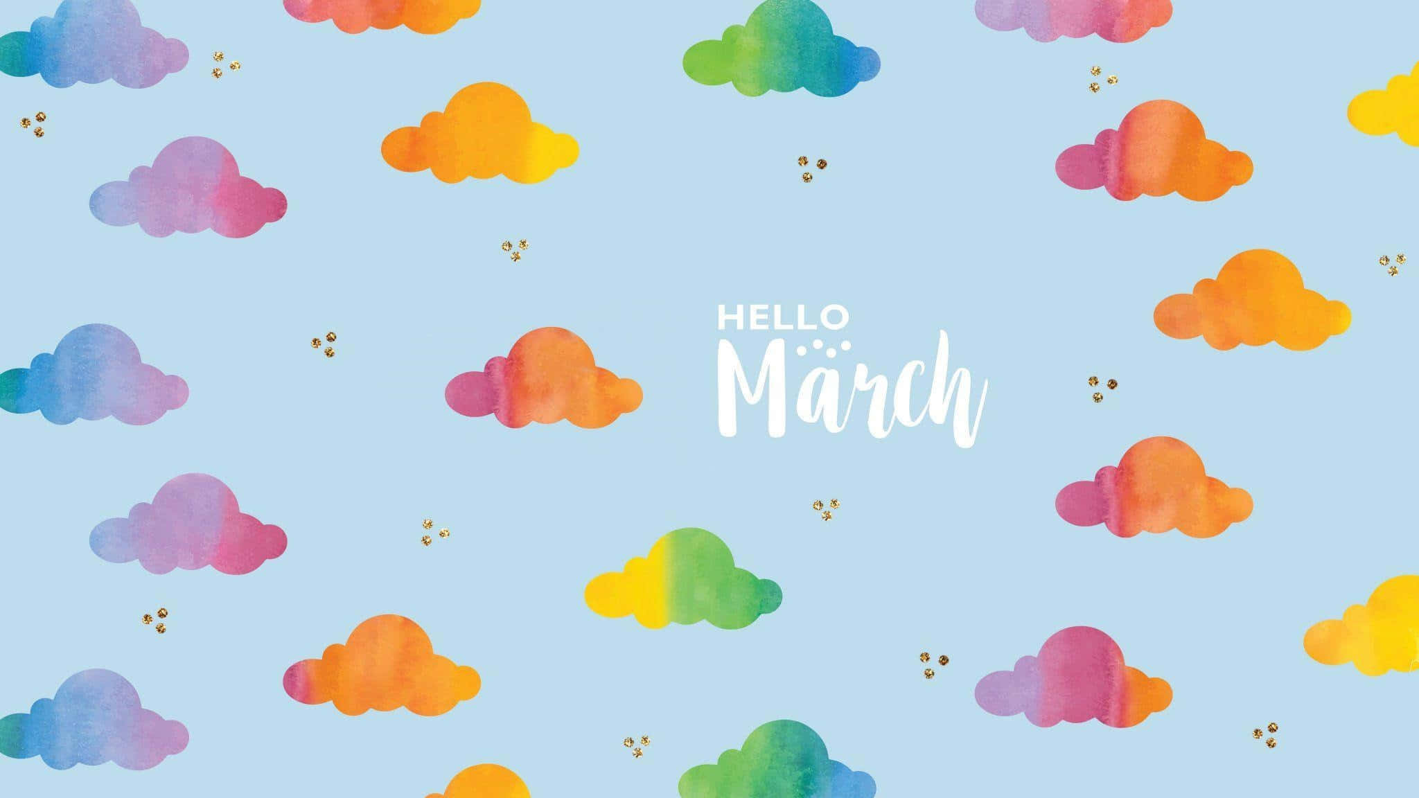 Hello March, pastel blue sky, colorful watercolor clouds, Full HD Desktop Wallpaper