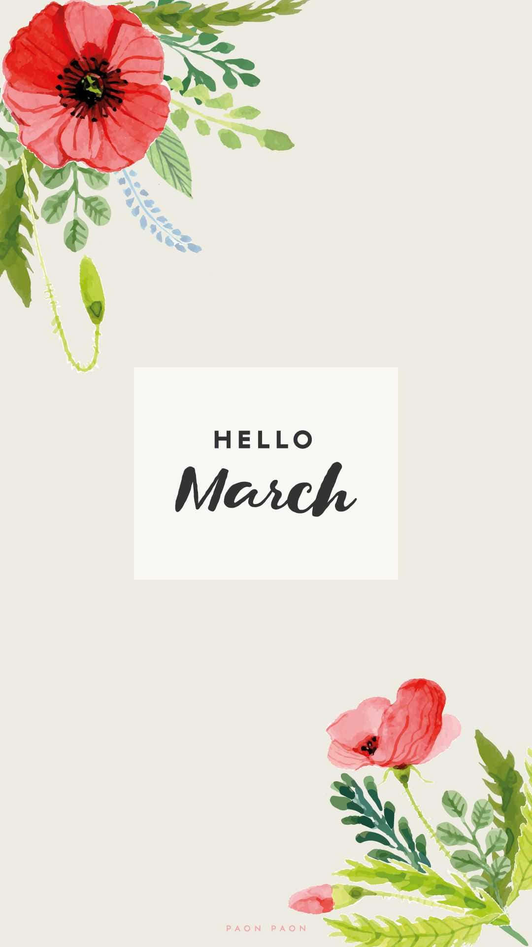 Hello March, red poppies, green leaves, Full HD Phone Wallpaper