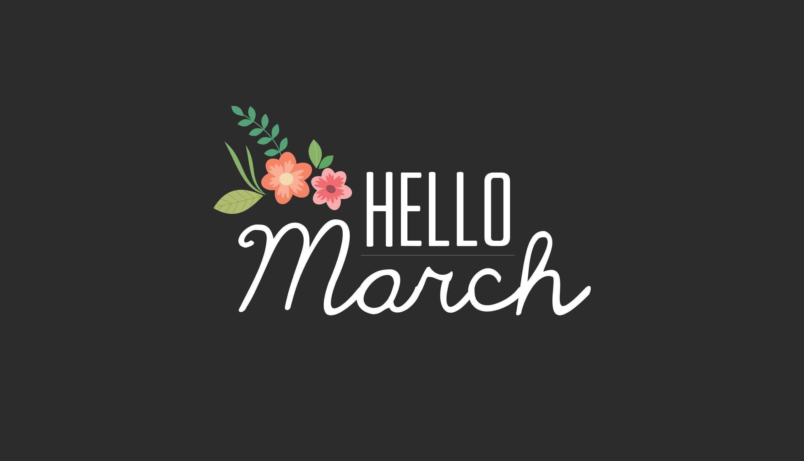 Hello March, white cursive text, pink and orange flowers, 2K Desktop Wallpaper