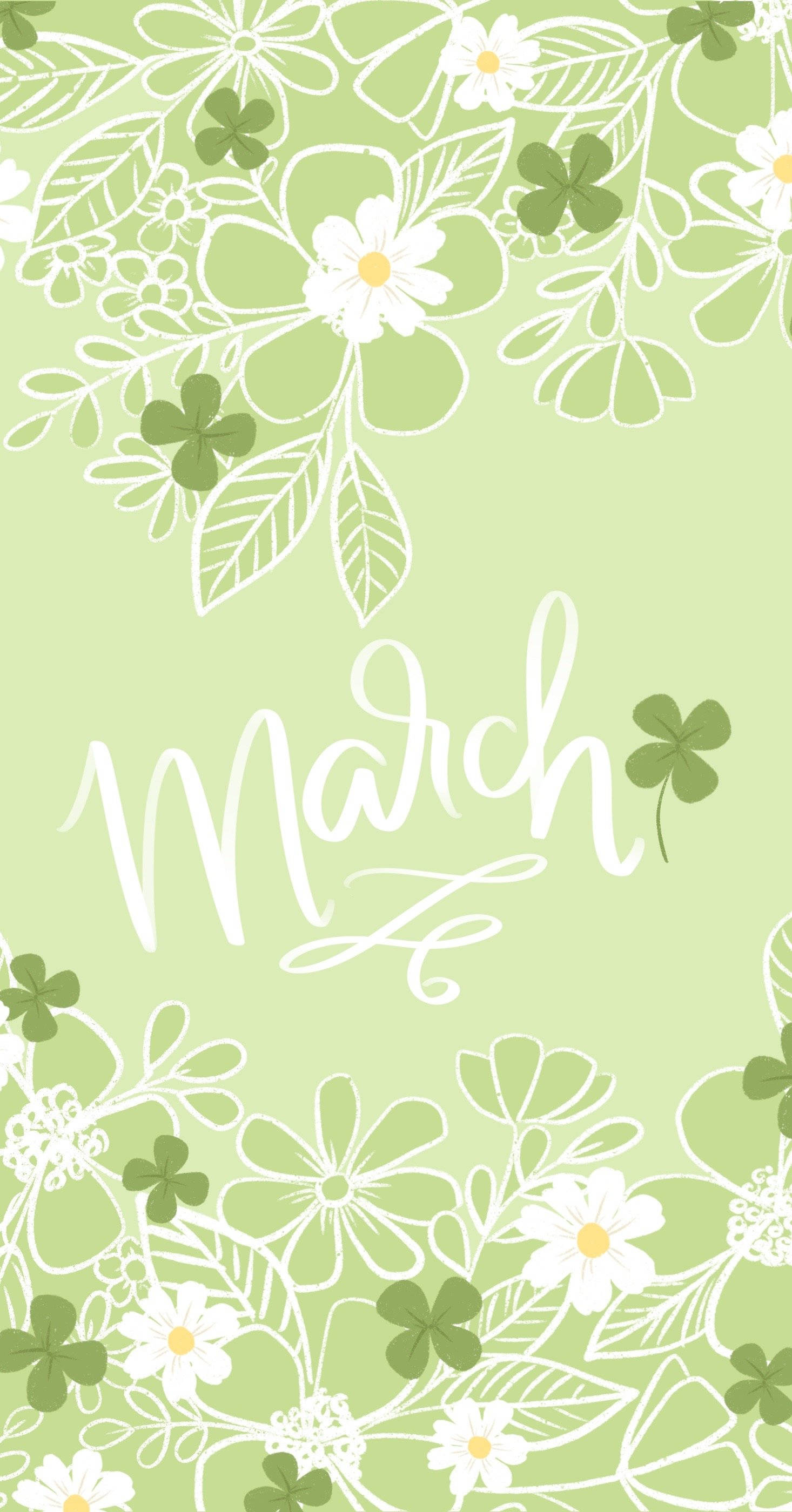 March, light green, white floral outlines, 2K Phone Wallpaper