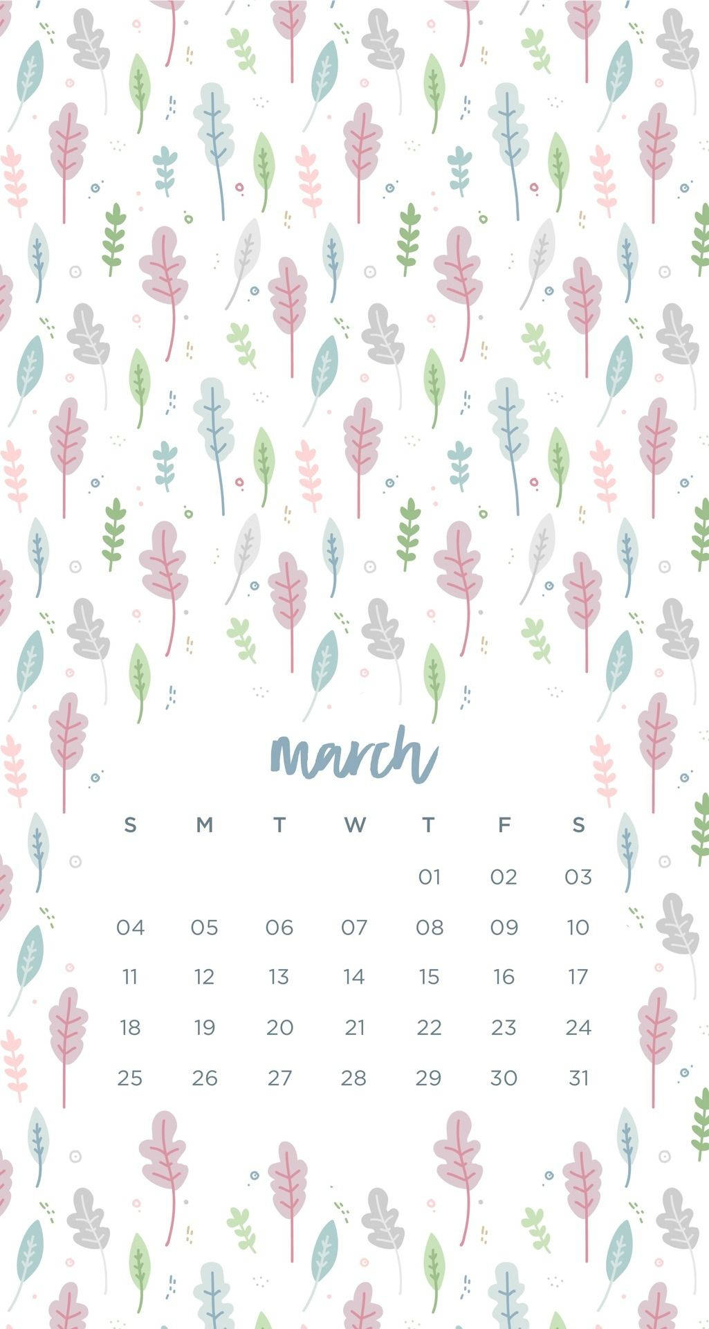 March calendar, pastel-colored, scattered leaf illustrations, Full HD Phone Wallpaper