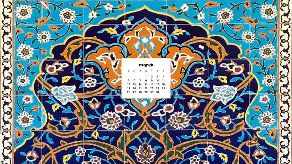 Persian tile calendar, March, blue orange and white, SD Desktop Wallpaper