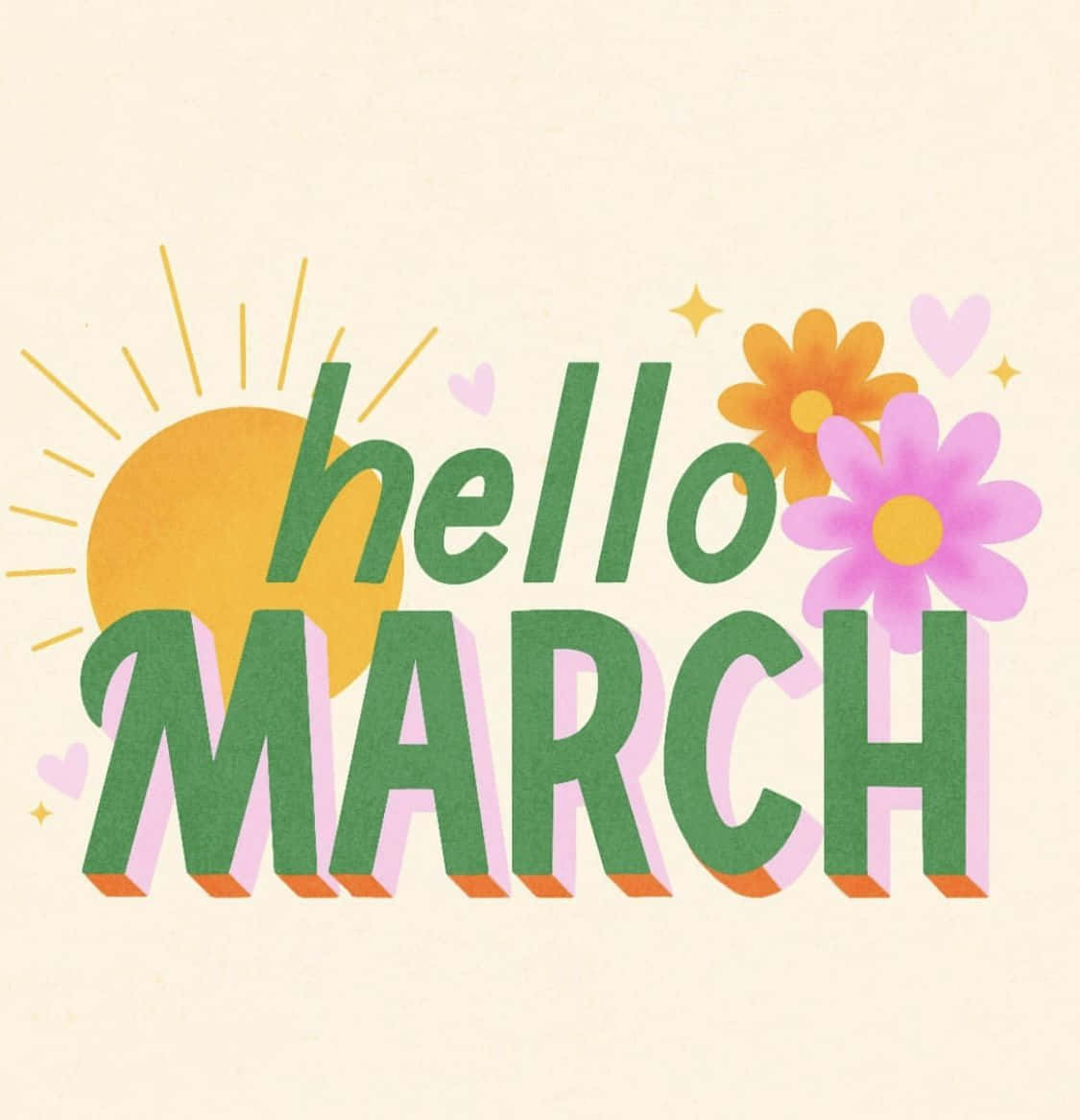 Hello March, green text, yellow sun, SD Phone Wallpaper