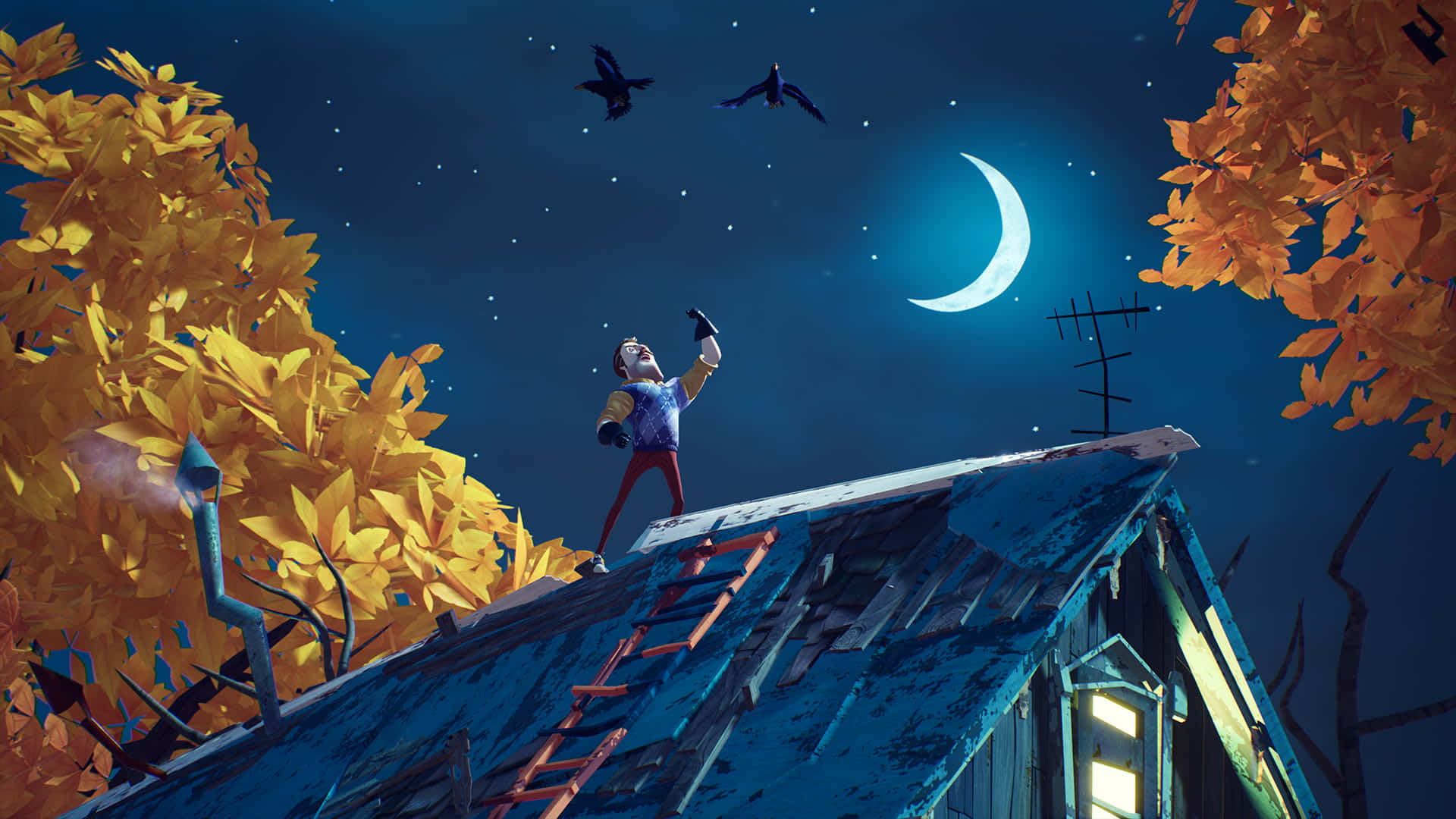 Hello Neighbor, crescent moon, autumn trees, Full HD Desktop Wallpaper