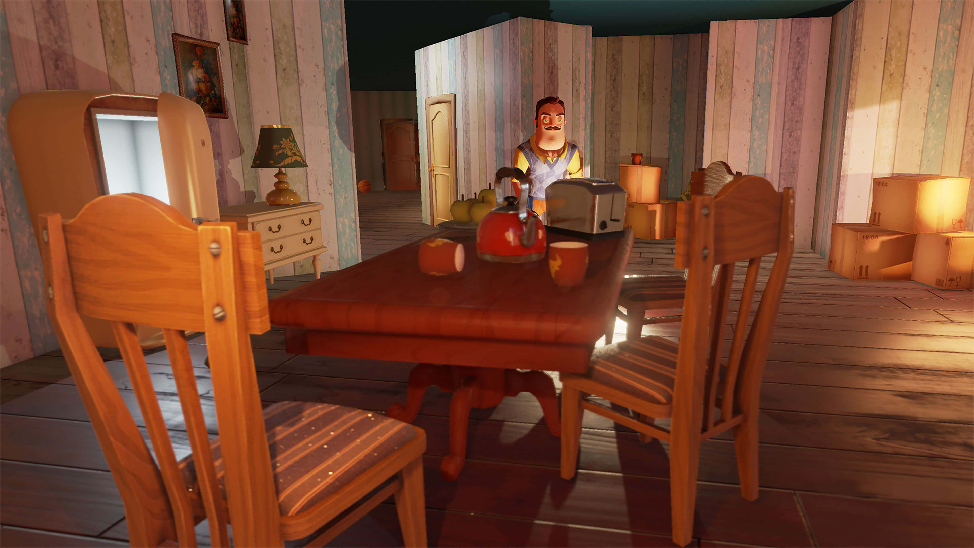 Hello Neighbor, dining room, wooden furniture, 4K Desktop Wallpaper