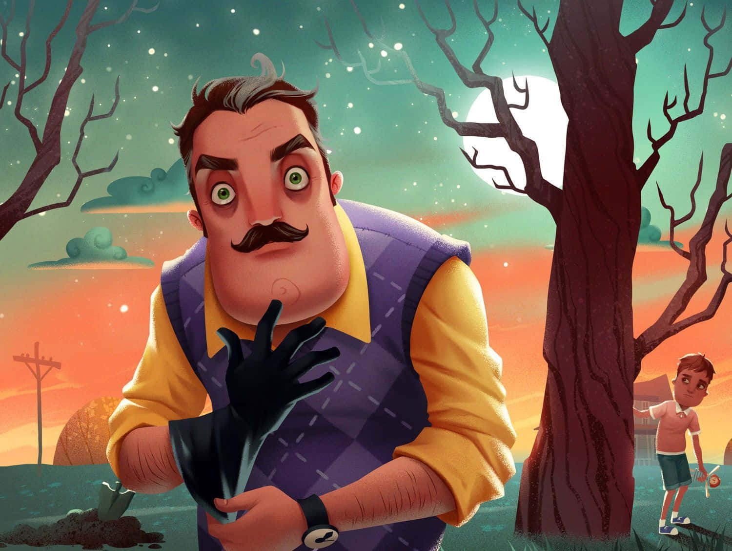 Hello Neighbor, black shirt, full moon, HD Desktop Wallpaper