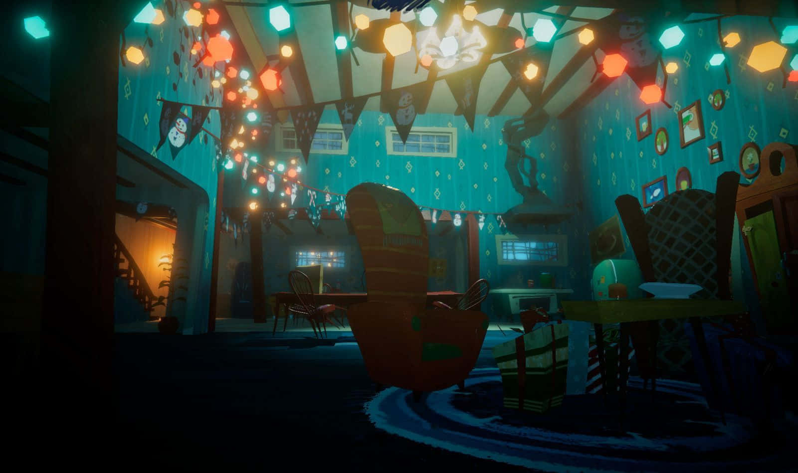 Hello Neighbor, teal ceiling, colorful string lights, HD Desktop Wallpaper