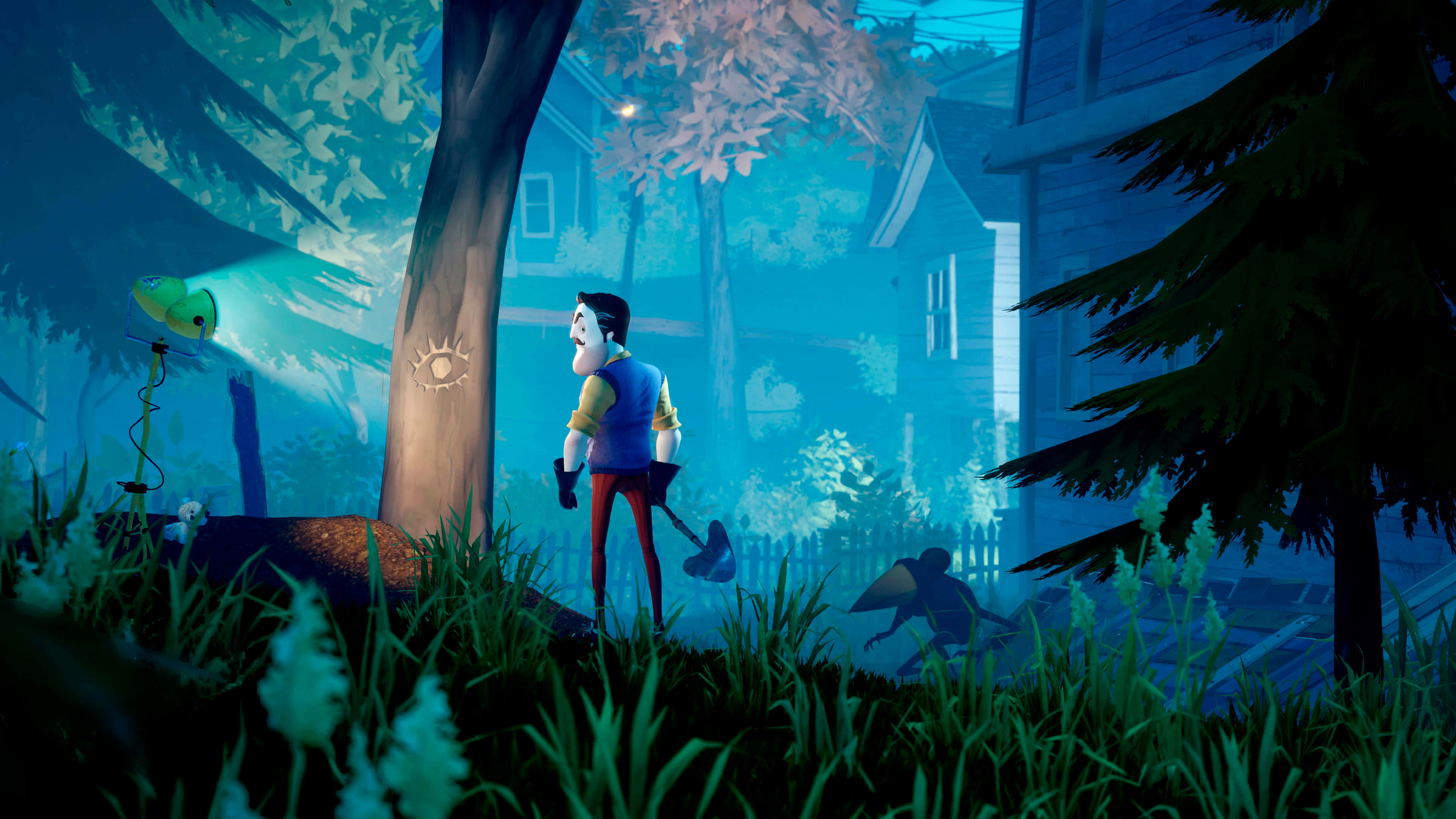 Hello Neighbor, moonlit garden, shovel, 4K Desktop Wallpaper