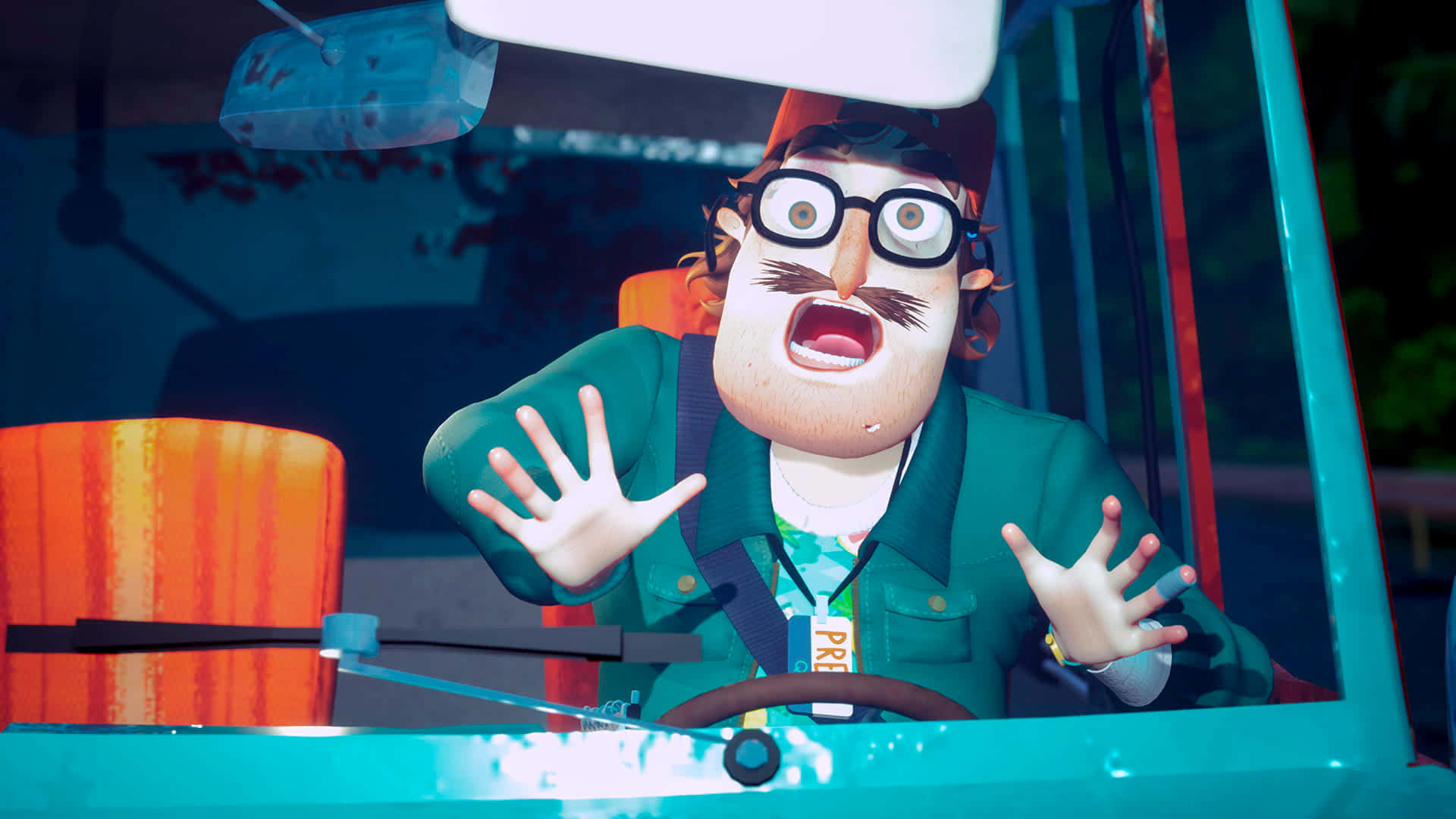 Hello Neighbor, teal vehicle, glasses, Full HD Desktop Wallpaper