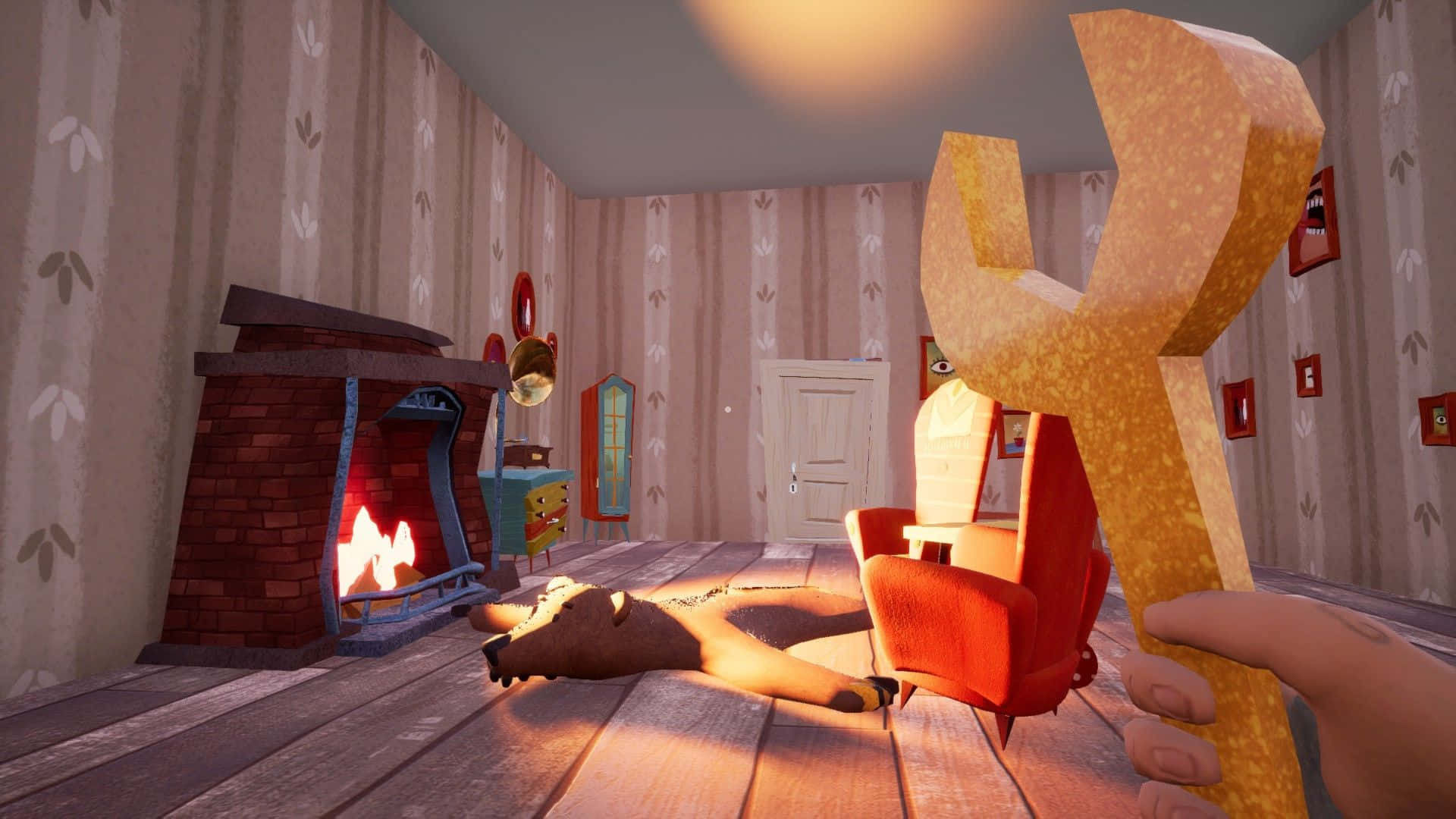 Hello Neighbor, giant wrench, roaring fireplace, Full HD Desktop Wallpaper