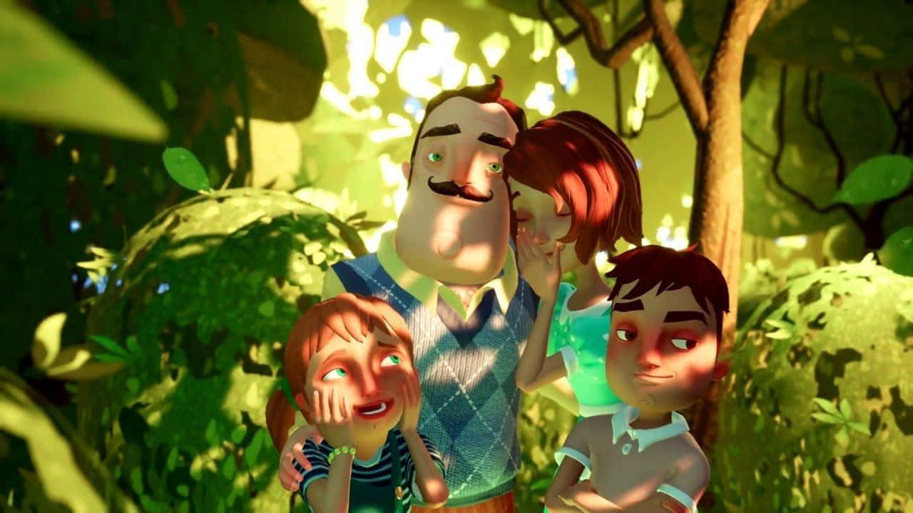Hello Neighbor, family of four, sunlit forest, HD Desktop Wallpaper