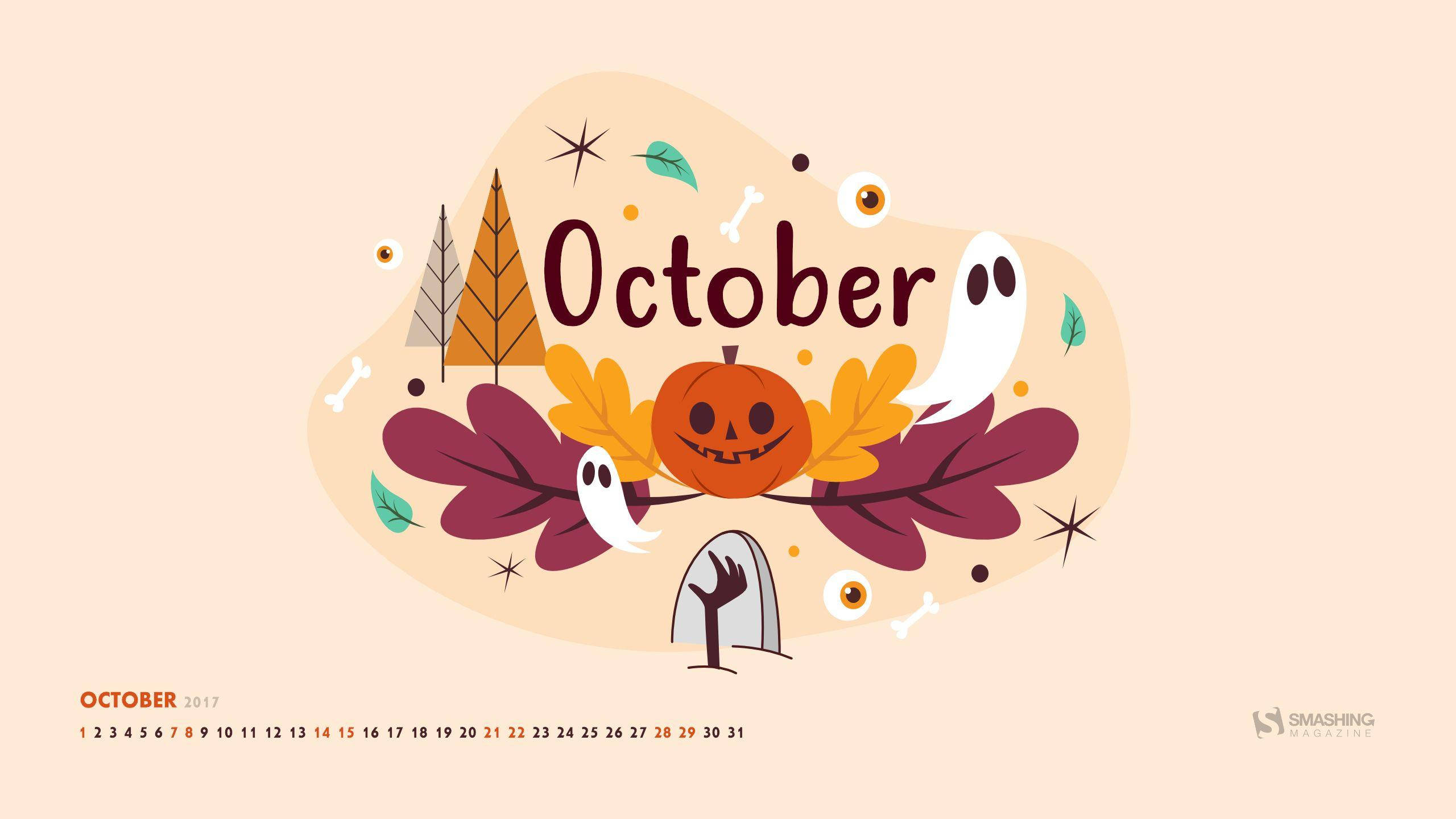 Hello October, pumpkins, ghosts, 2K Desktop Wallpaper