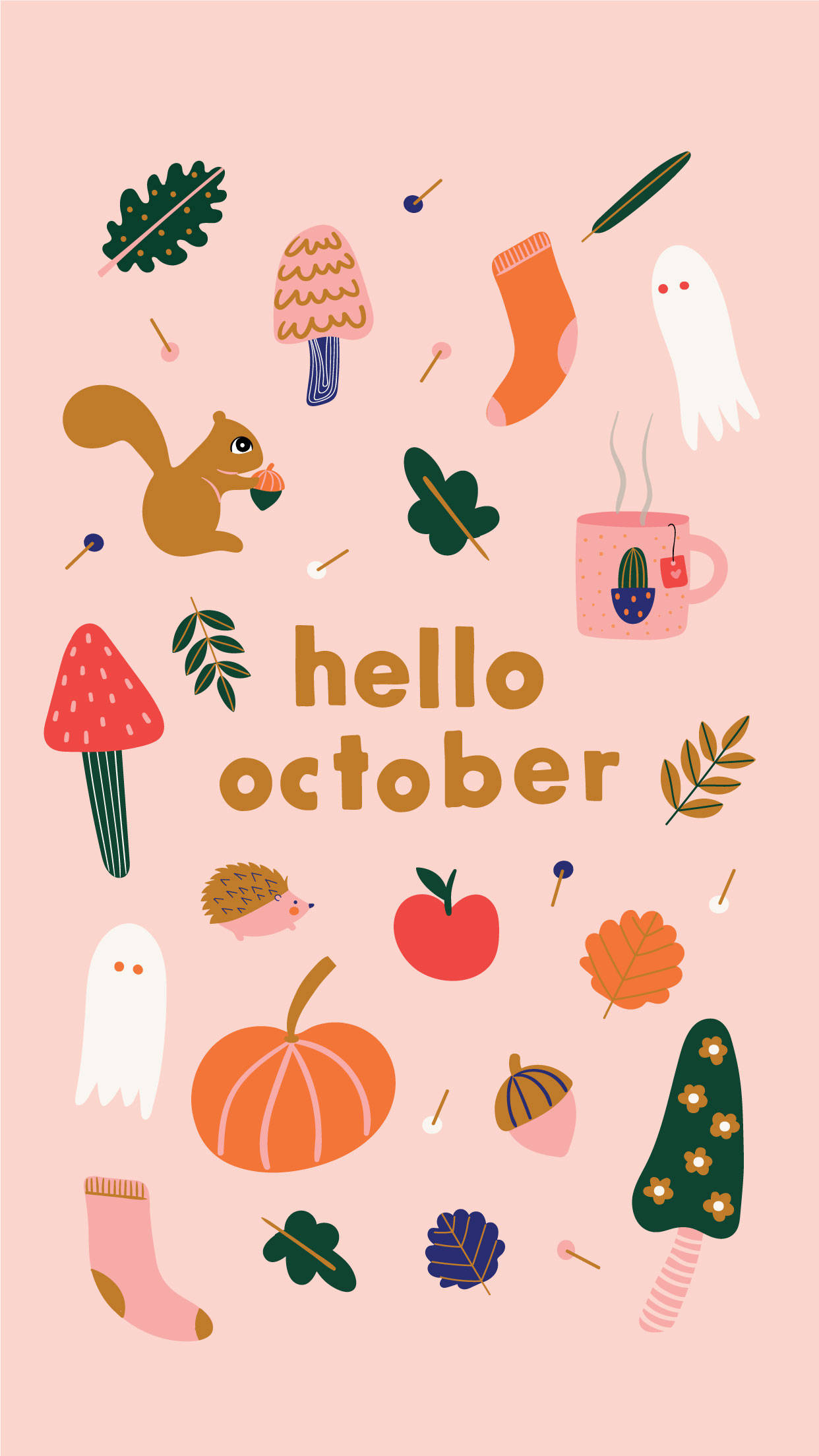 Hello October, pink background, pumpkins, Full HD Phone Wallpaper