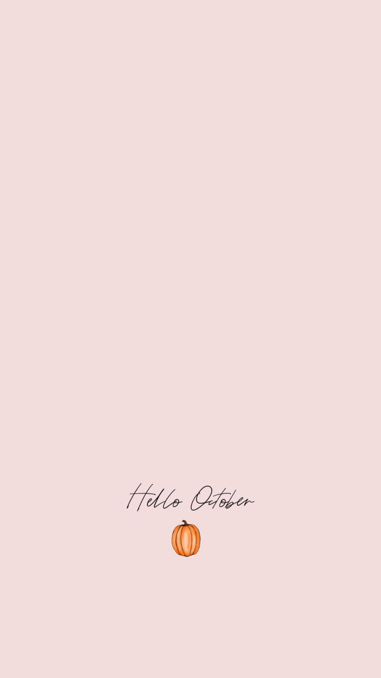 Hello October, peach background, orange pumpkin, Full HD Phone Wallpaper
