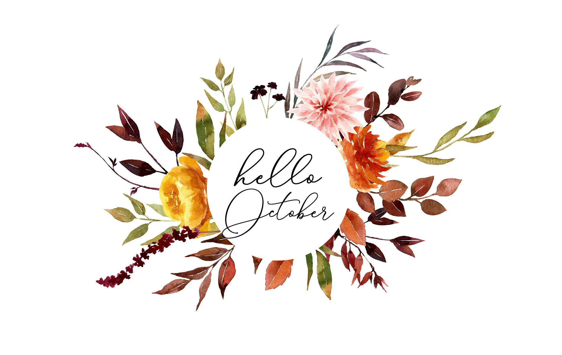 hello October, watercolor floral wreath, autumn leaves, HD Desktop Wallpaper