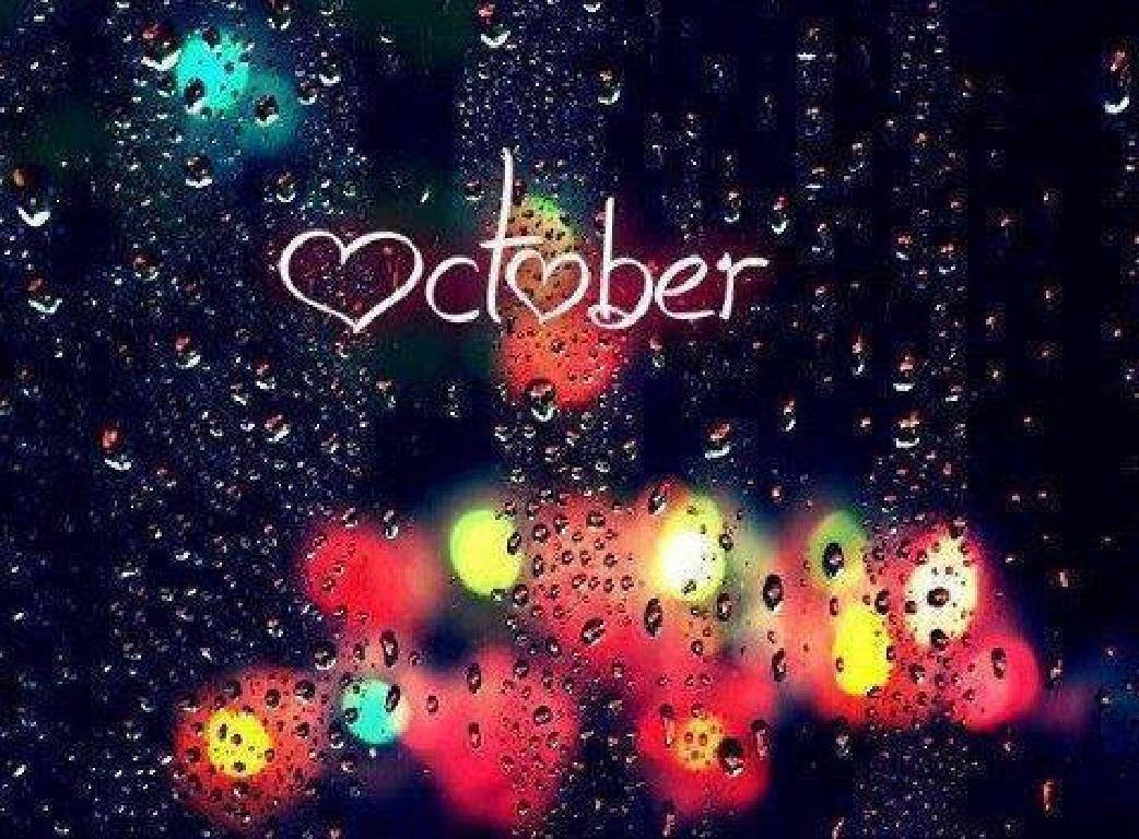 Rainy Window, October, glowing white script, SD Desktop Wallpaper
