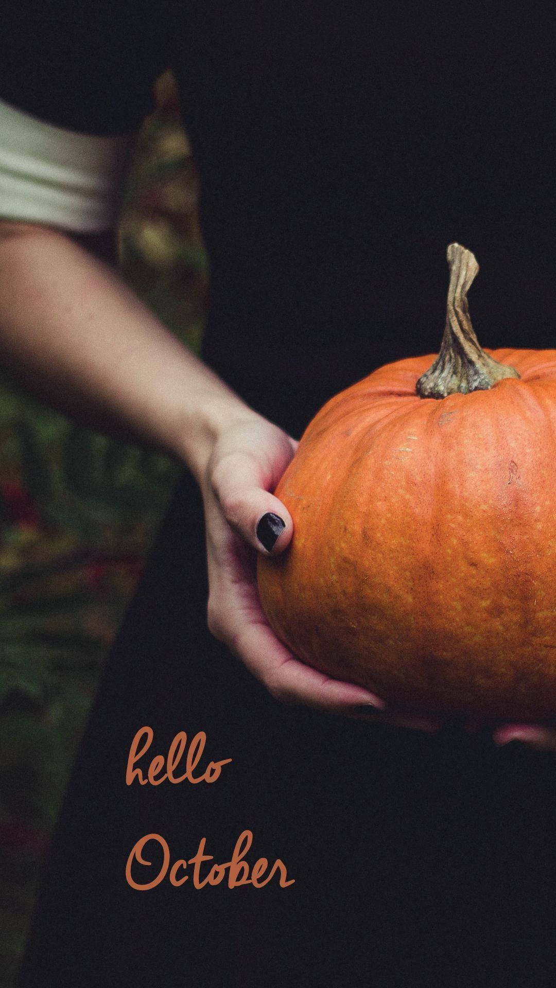 hello October, real pumpkin, black nail polish, Full HD Phone Wallpaper