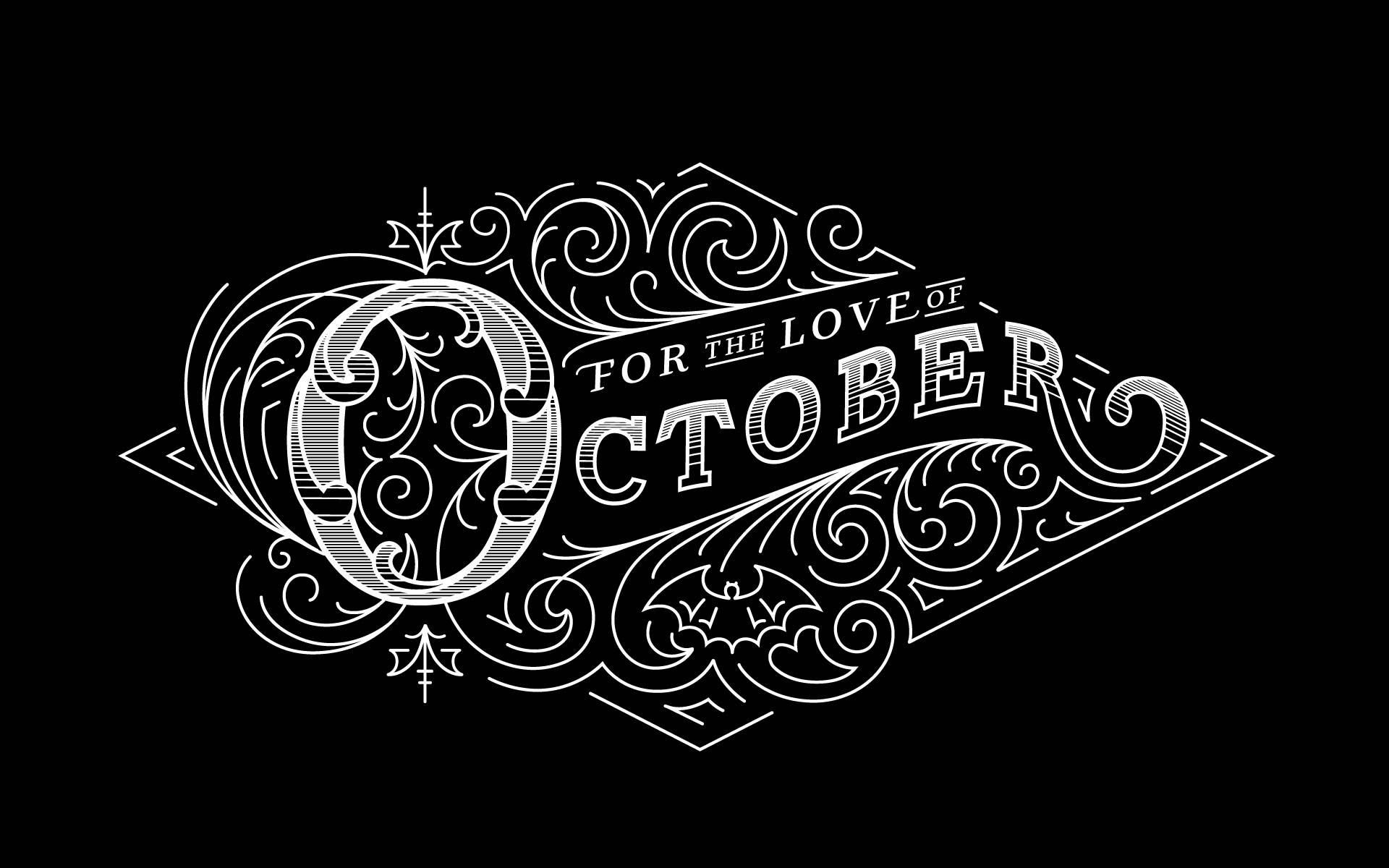 Hello October, black background, white ornate typography, Full HD Desktop Wallpaper