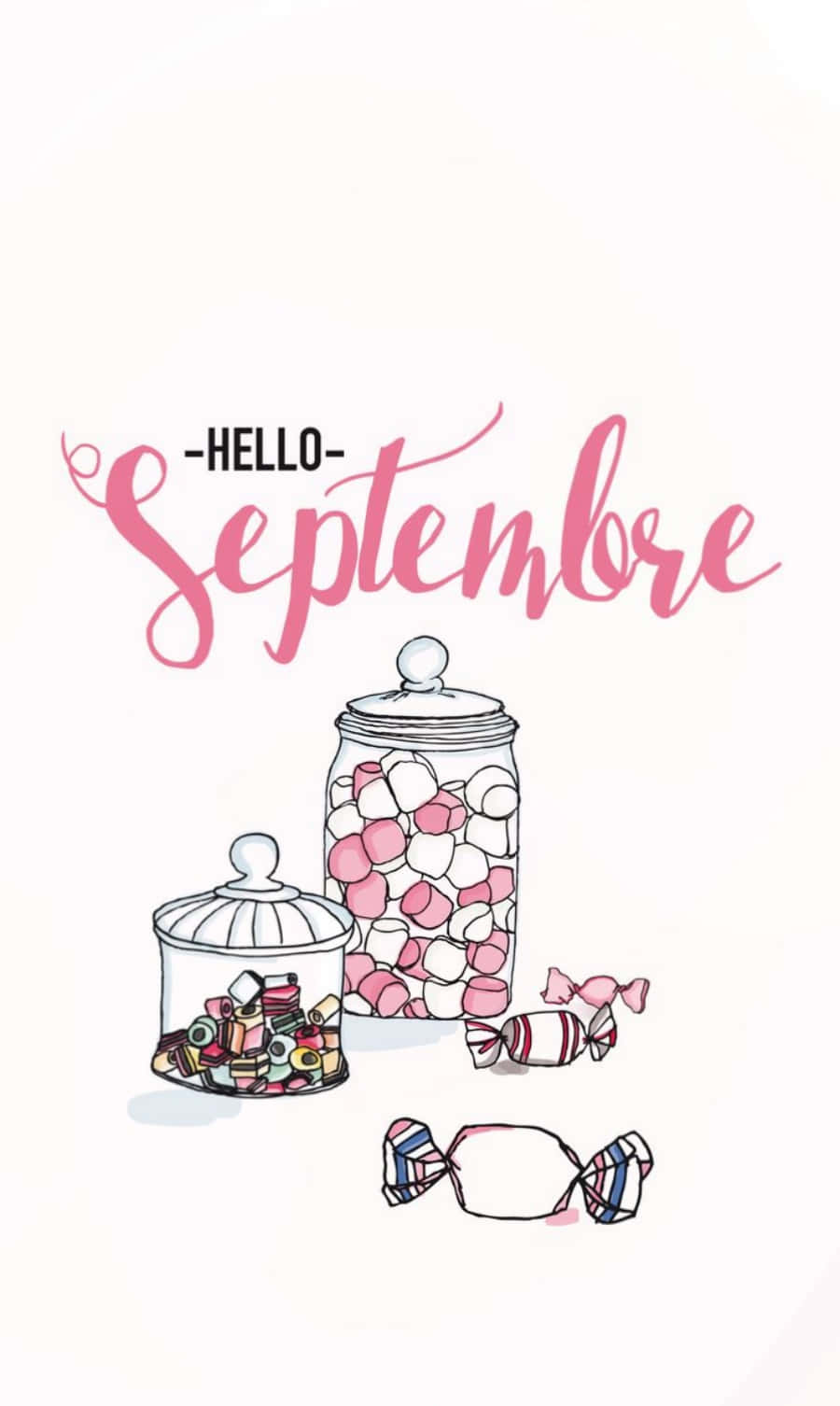Hello September, pink cursive text, jars filled with colorful candies, HD Phone Wallpaper