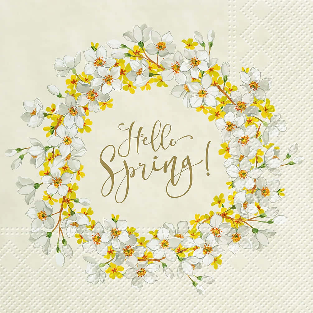 Hello Spring, floral wreath, white and yellow blossoms, SD Desktop Wallpaper